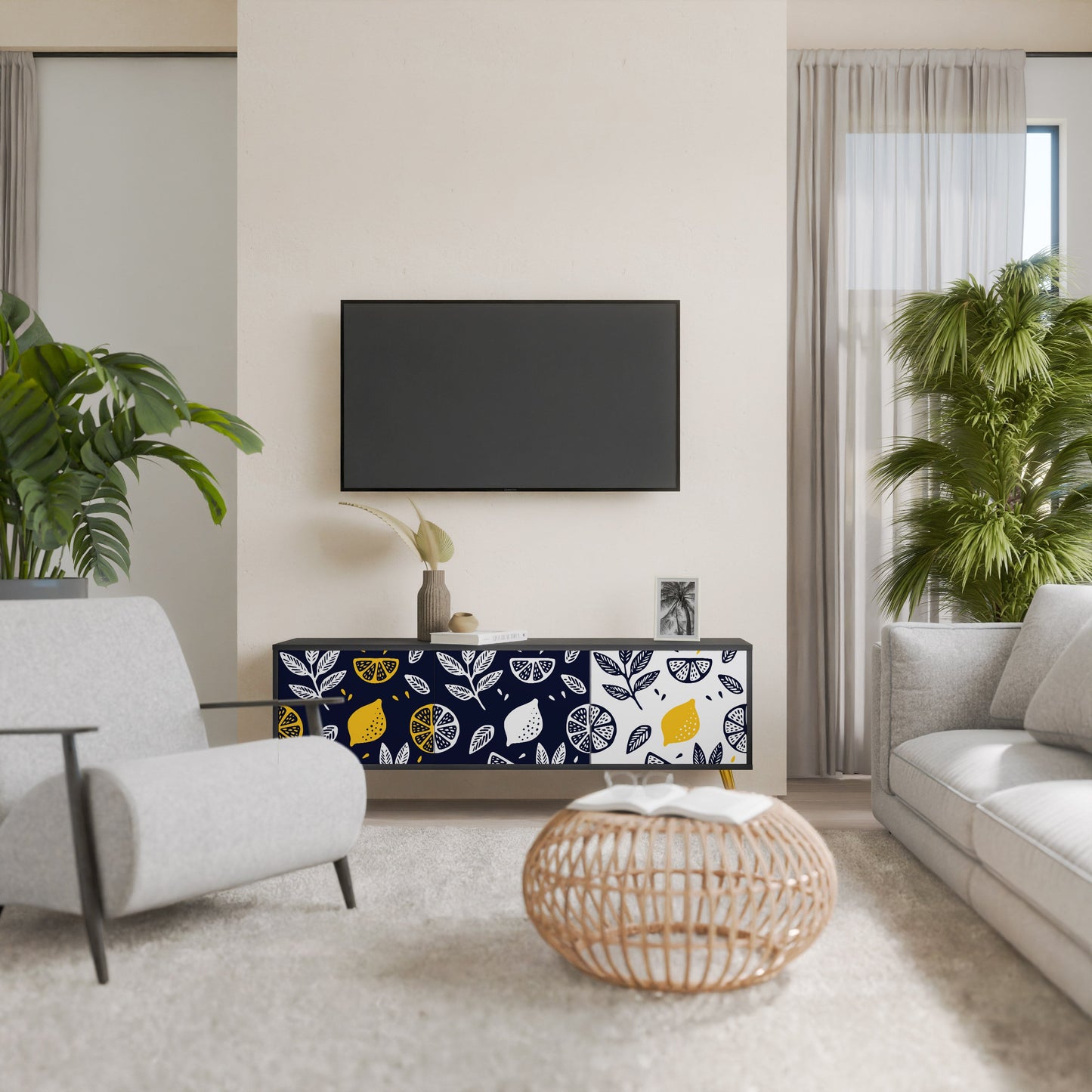 CITRUS BLACK AND WHITE 3-Door TV Stand in Black Finish