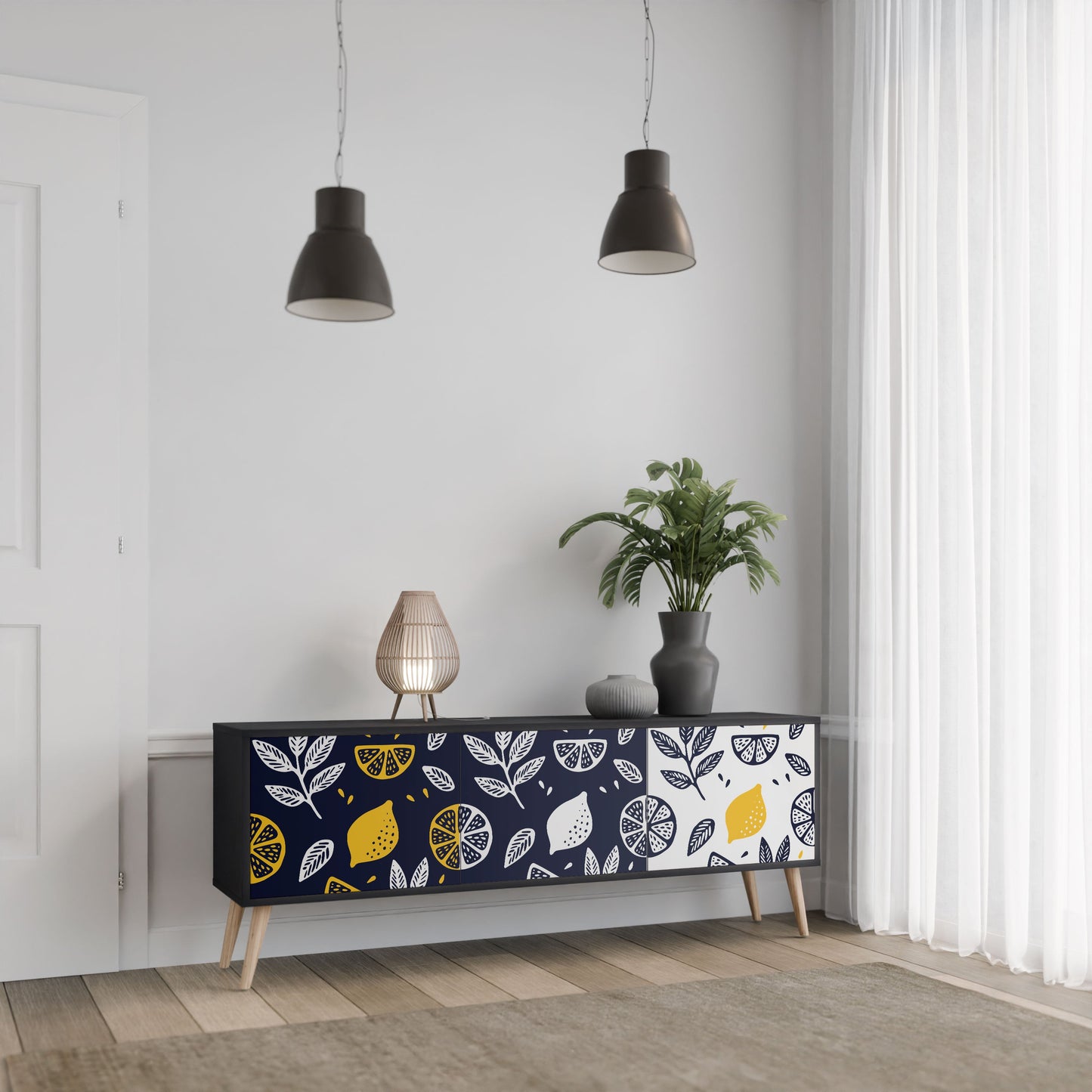 CITRUS BLACK AND WHITE 3-Door TV Stand in Black Finish