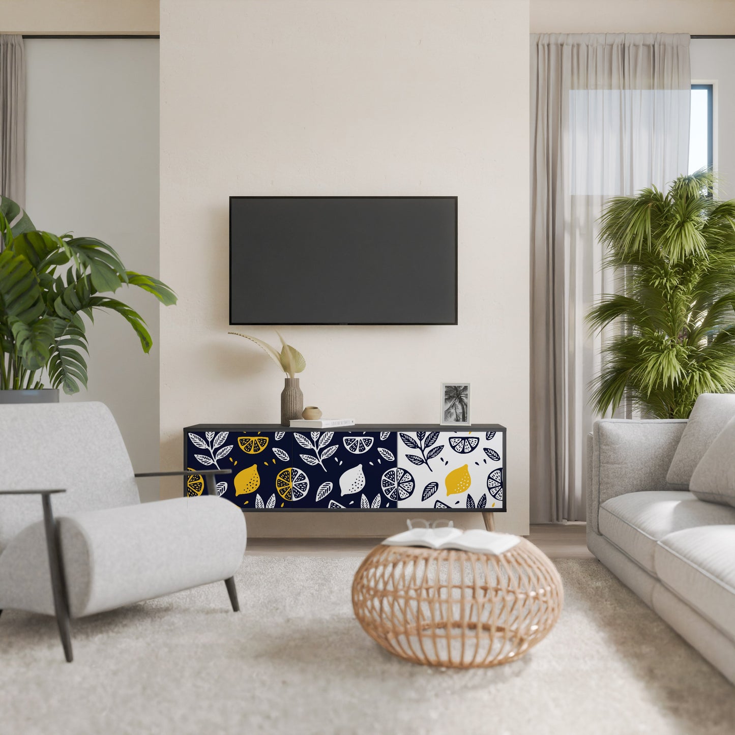 CITRUS BLACK AND WHITE 3-Door TV Stand in Black Finish