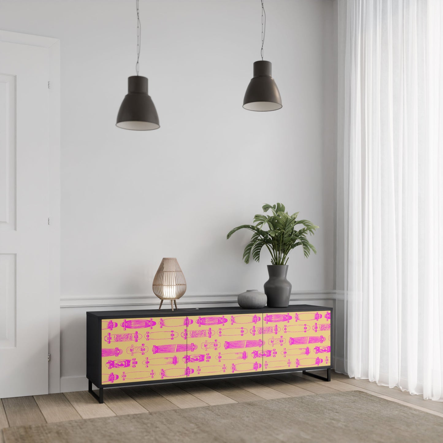 SKATEBOARD ARTISTRY 3-Door TV Stand in Black Finish