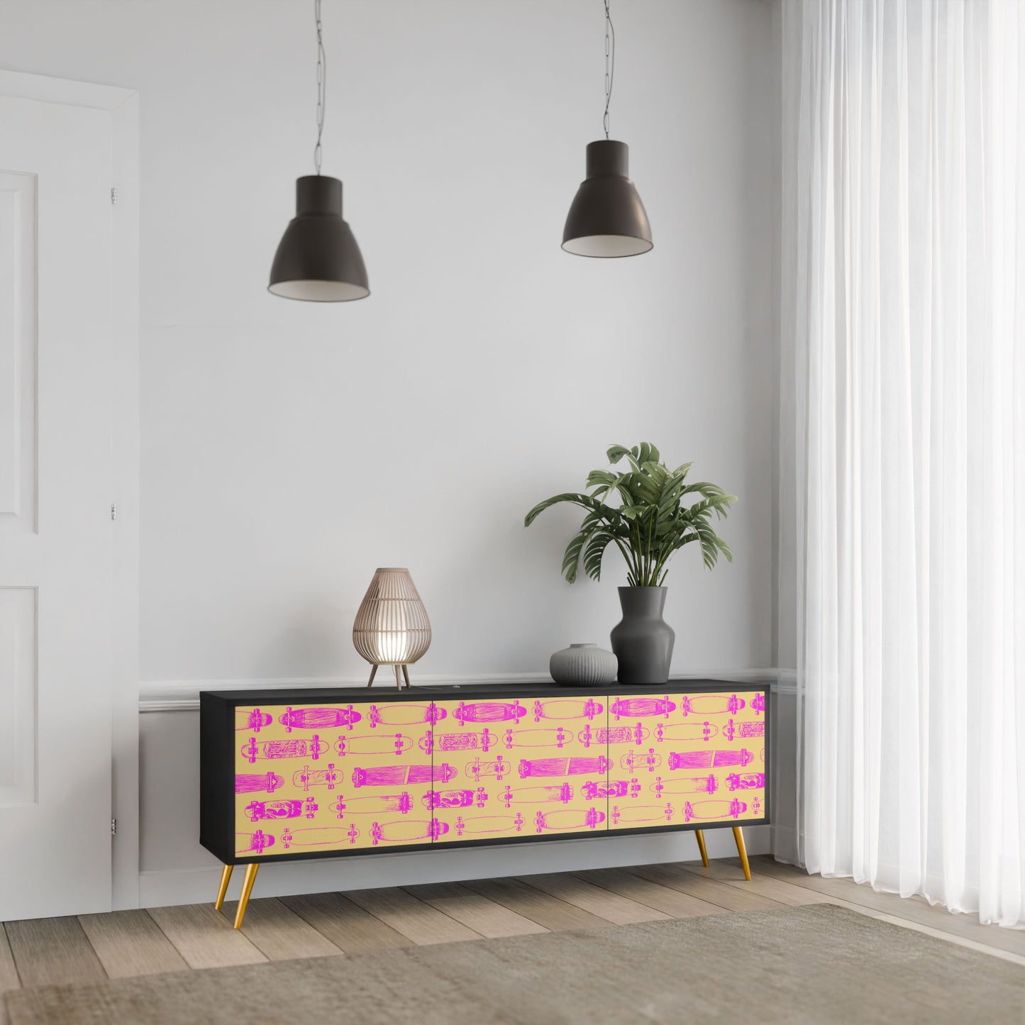 SKATEBOARD ARTISTRY 3-Door TV Stand in Black Finish