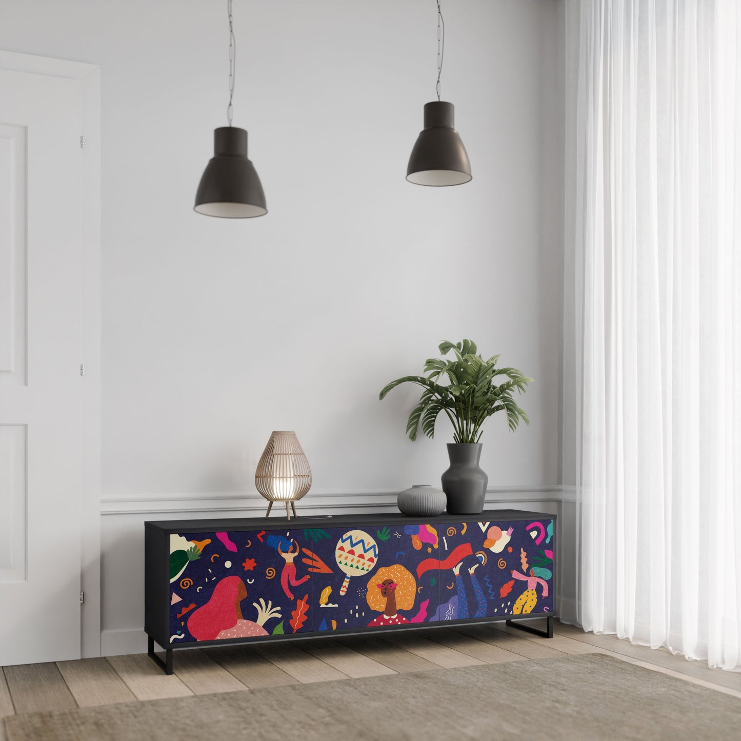 FESTIVE PLEASURES 3-Door TV Stand in Black Finish