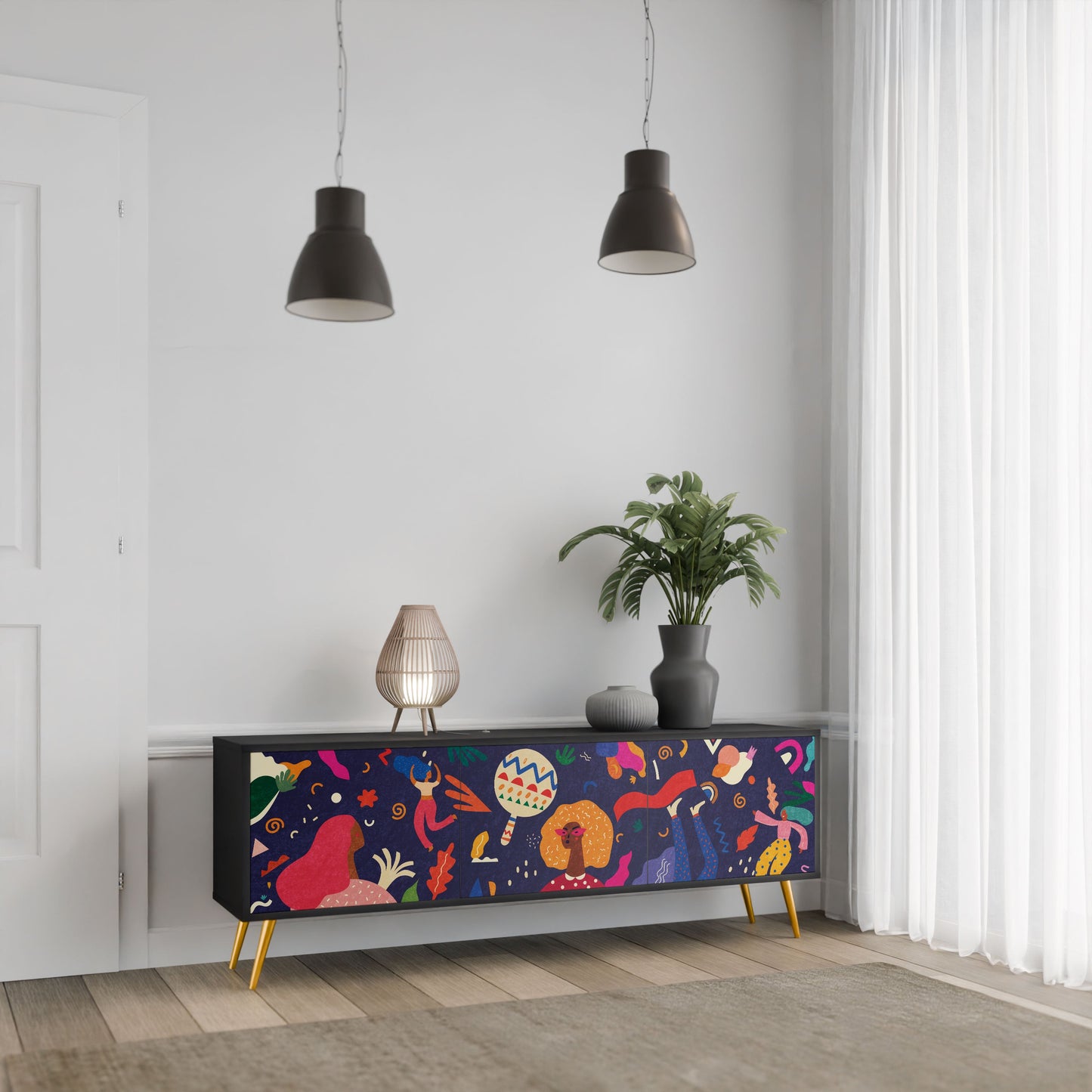 FESTIVE PLEASURES 3-Door TV Stand in Black Finish