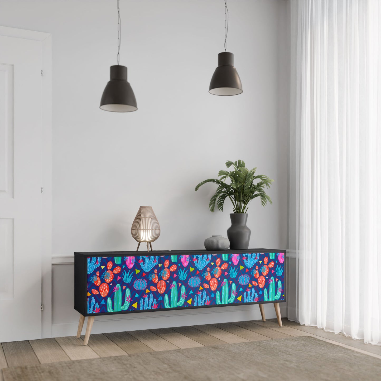 CACTUS VIBES 3-Door TV Stand in Black Finish
