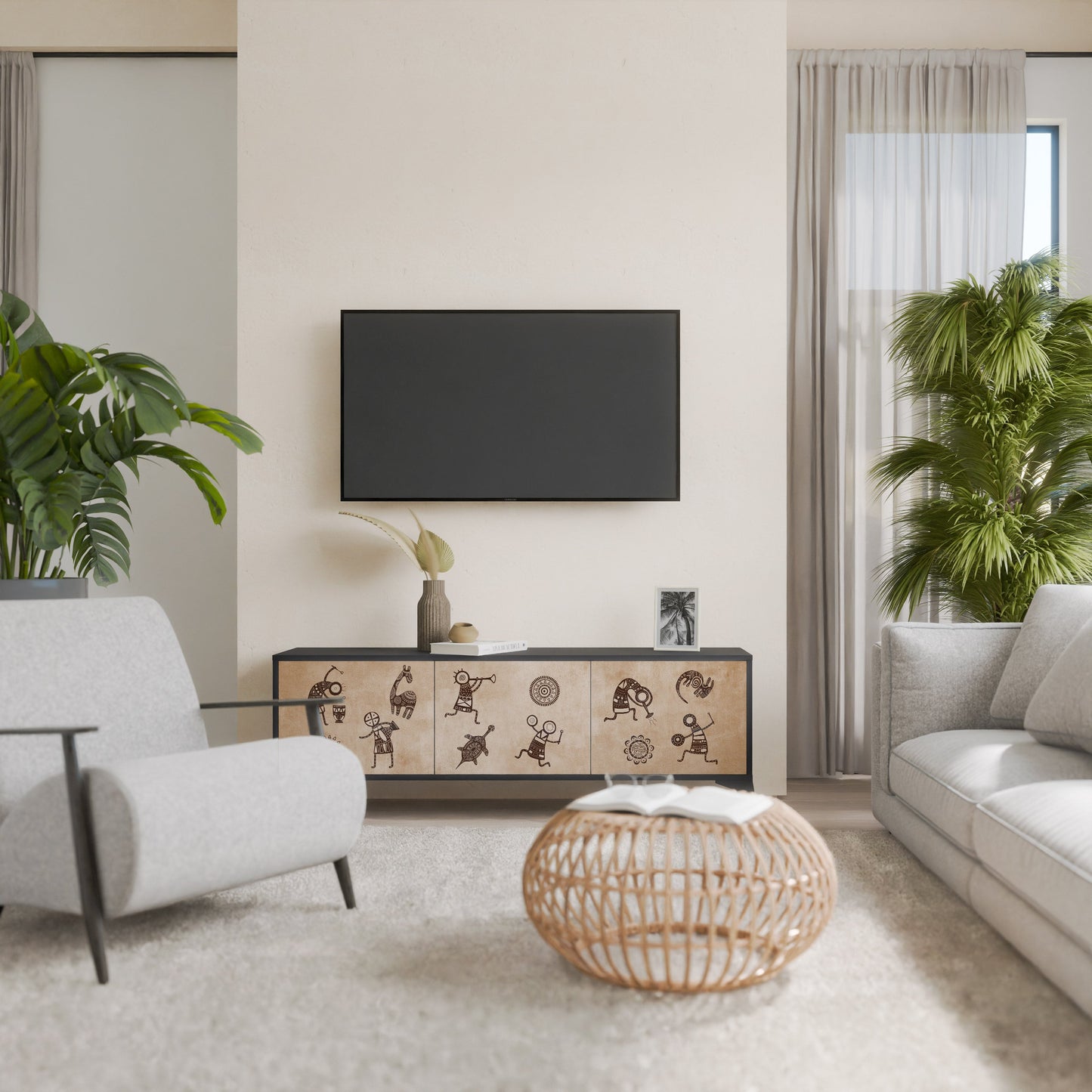 Mobile TV a 3 ante in stile africano con finitura nera