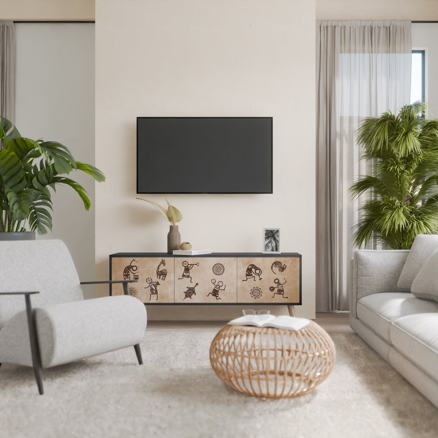 Mobile TV a 3 ante in stile africano con finitura nera