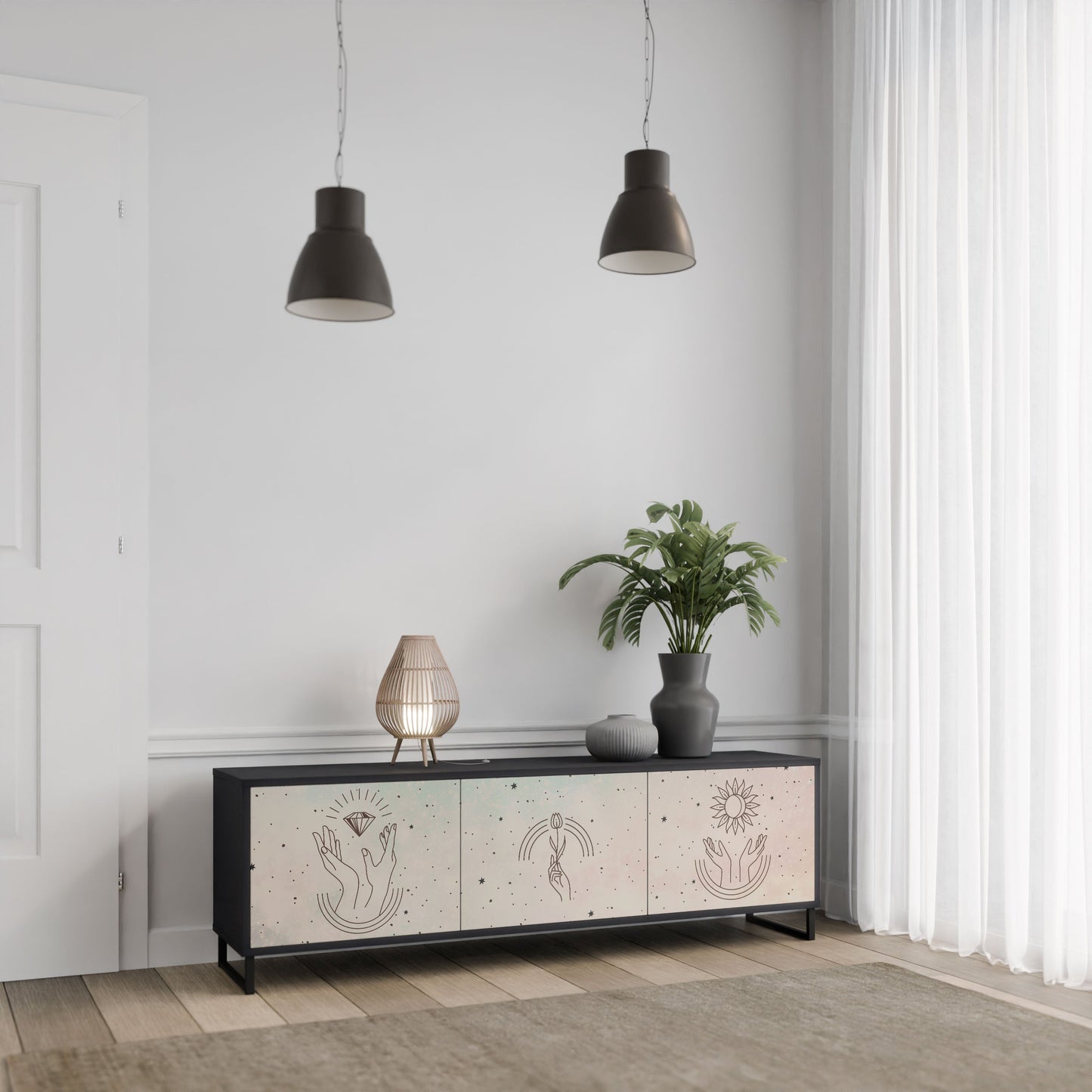 DELICATE BEAUTY 3-Door TV Stand in Black Finish