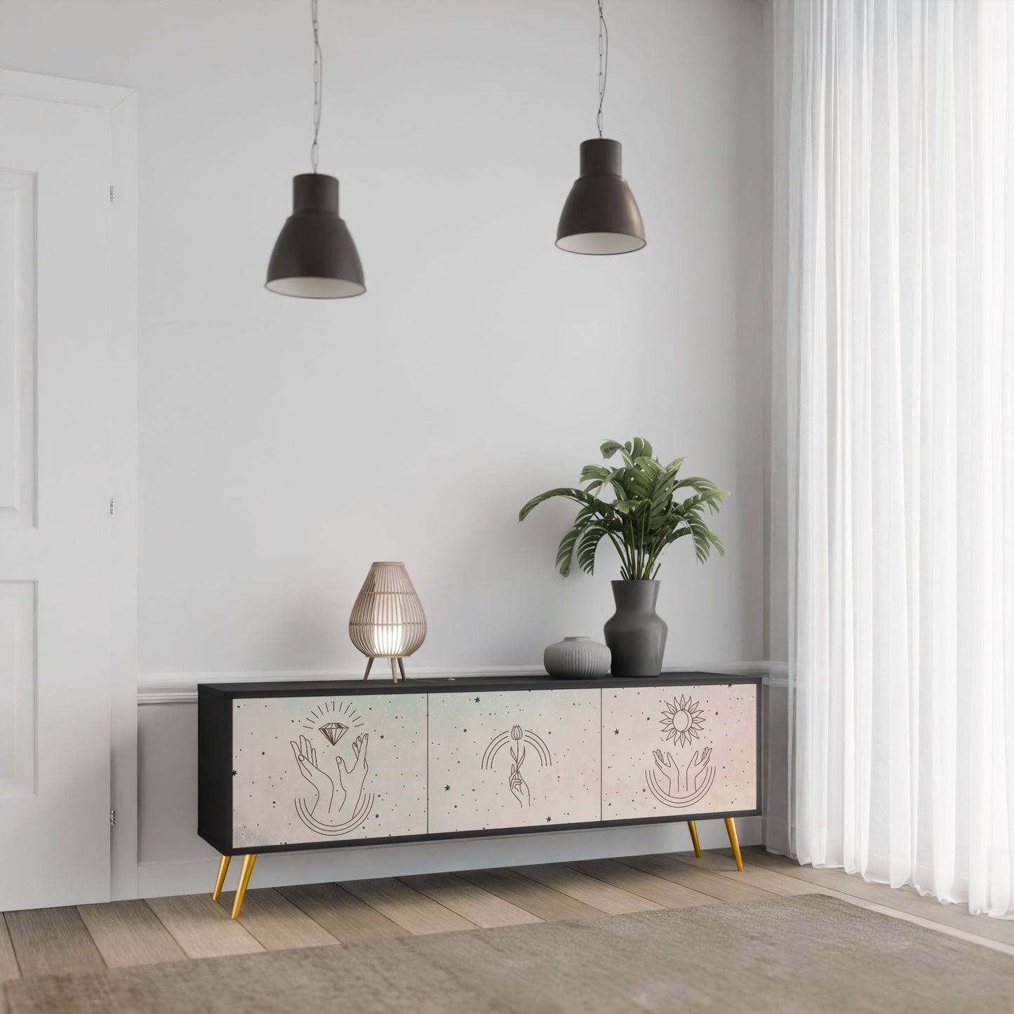 DELICATE BEAUTY 3-Door TV Stand in Black Finish