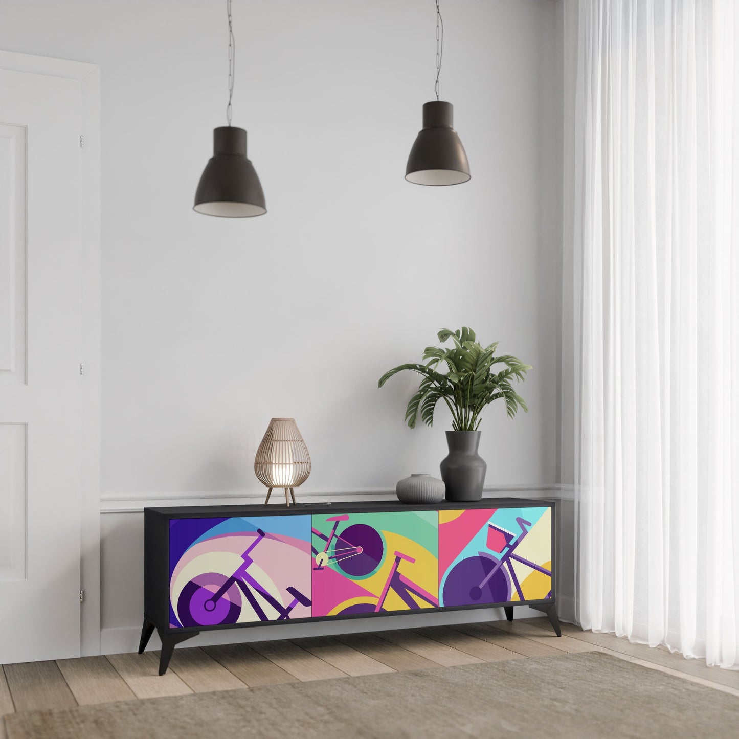 BIKE DREAMS 3-Door TV Stand in Black Finish