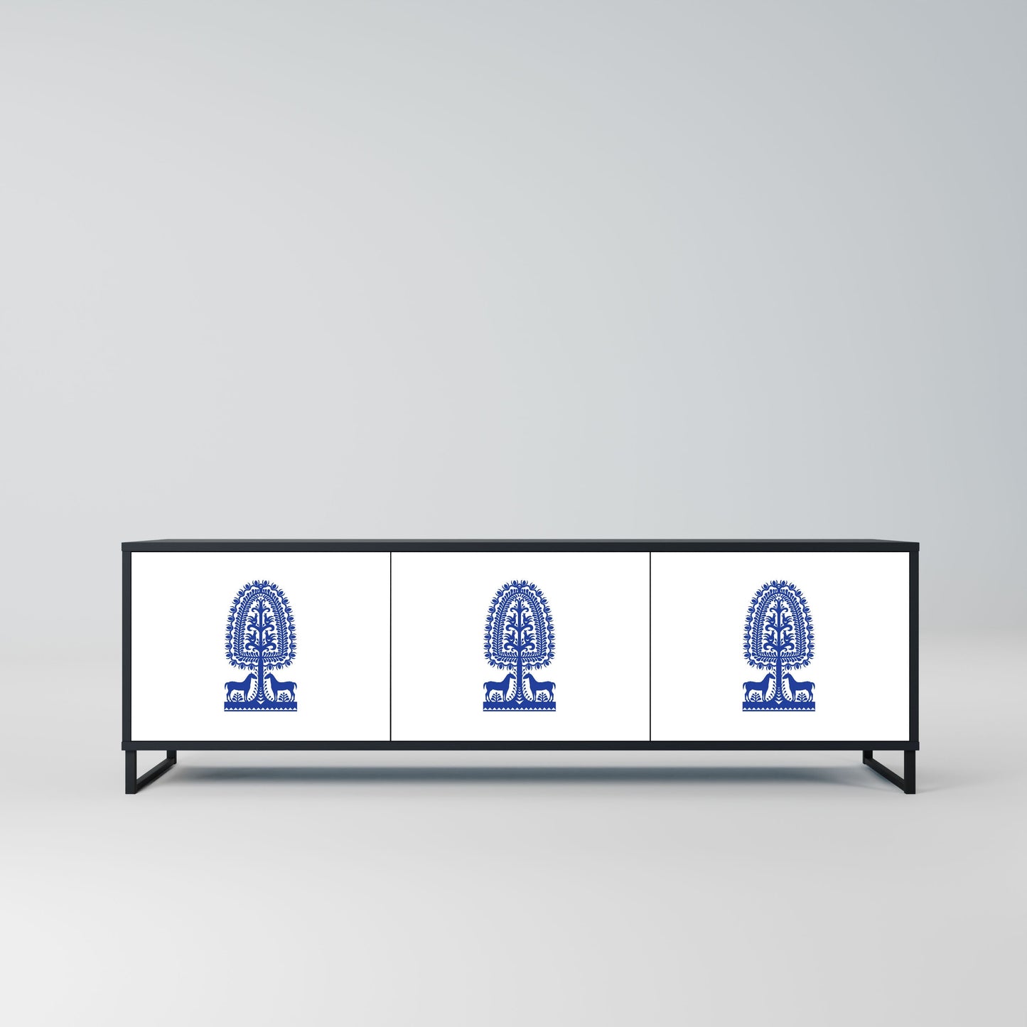 POLISH FOLK ART 3-Door TV Stand in Black Finish
