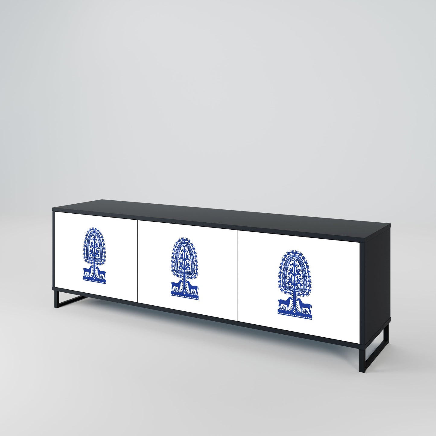 POLISH FOLK ART 3-Door TV Stand in Black Finish