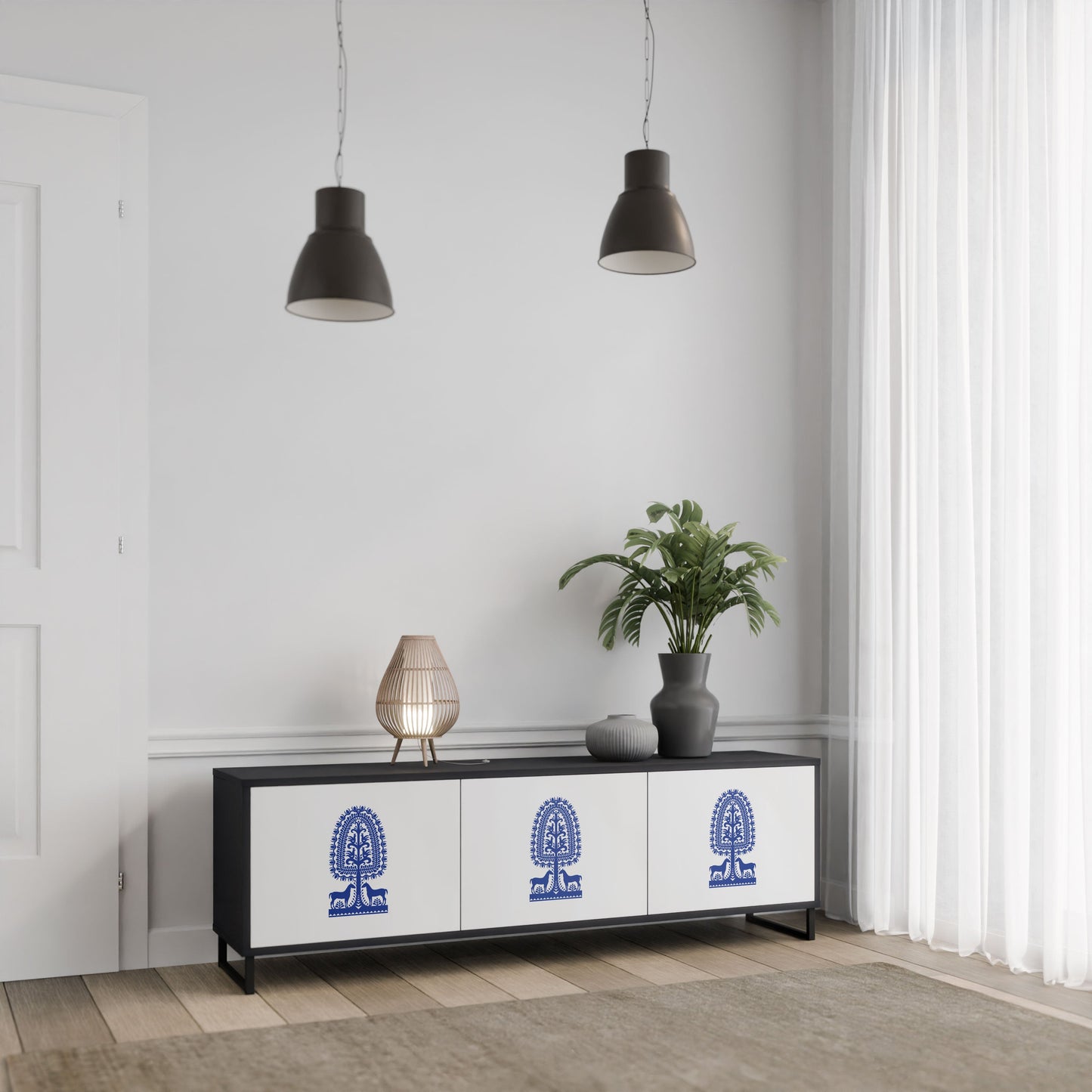 POLISH FOLK ART 3-Door TV Stand in Black Finish