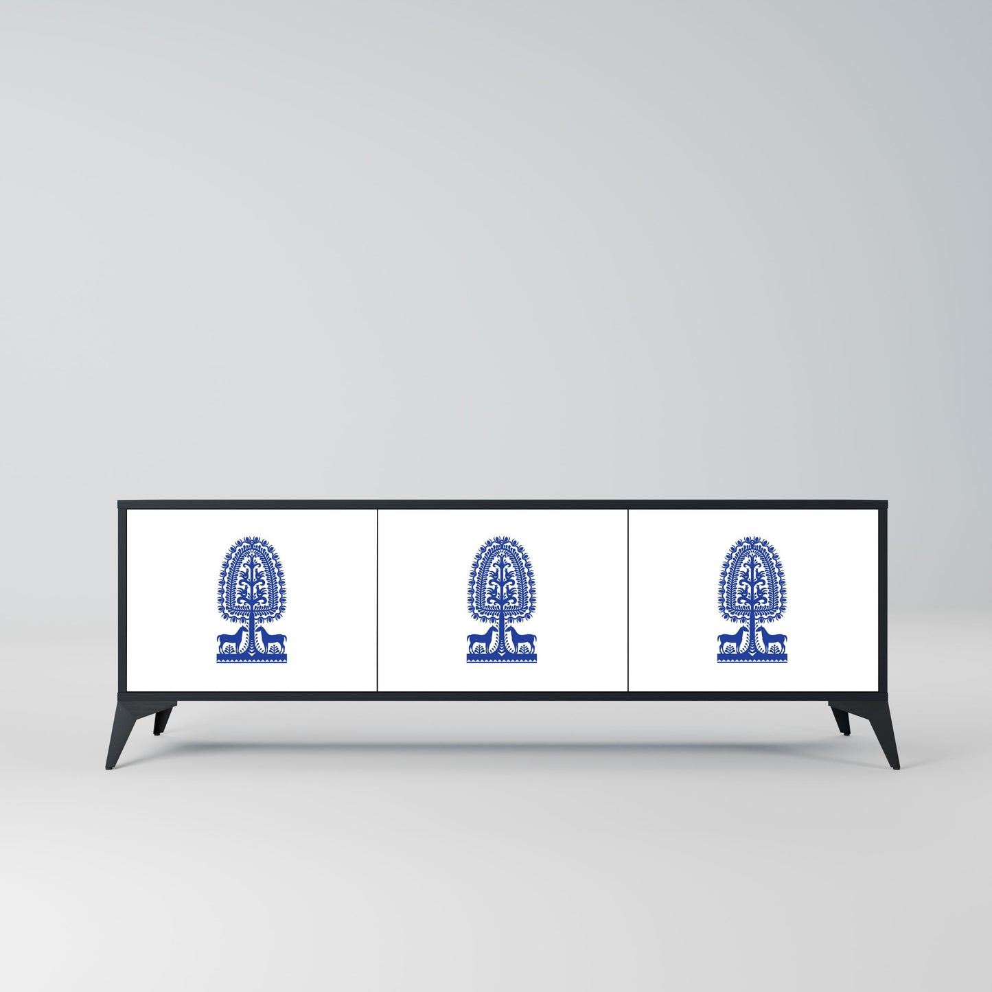 POLISH FOLK ART 3-Door TV Stand in Black Finish