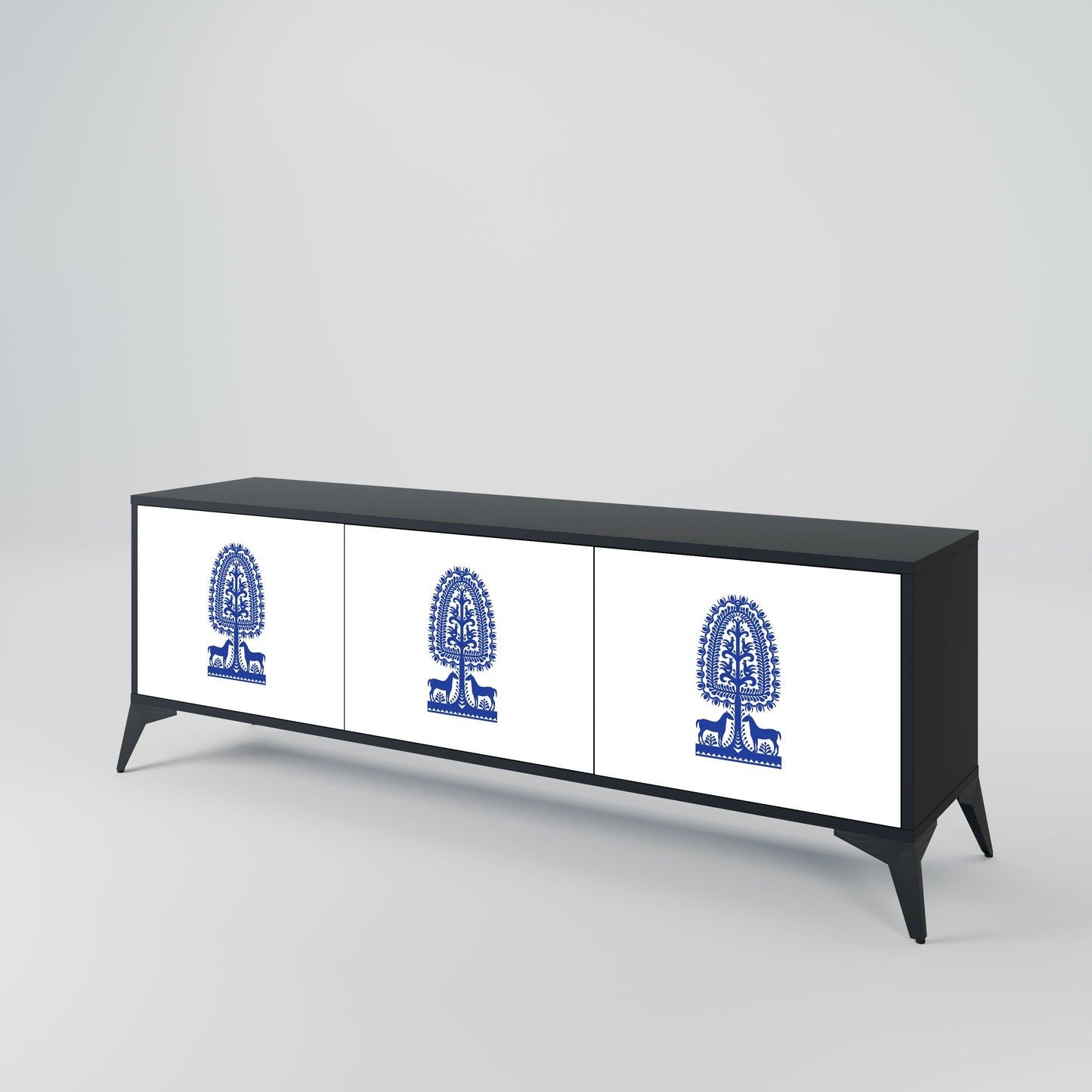 POLISH FOLK ART 3-Door TV Stand in Black Finish