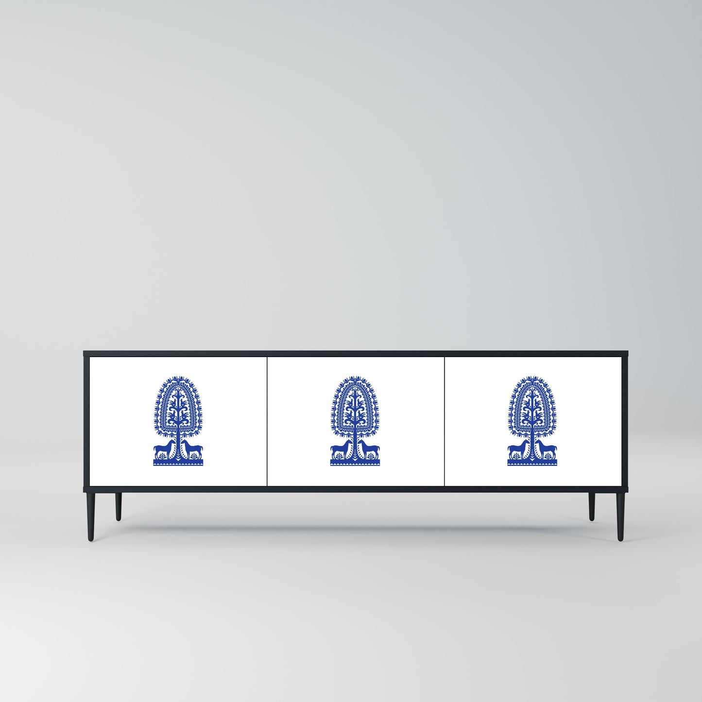 POLISH FOLK ART 3-Door TV Stand in Black Finish