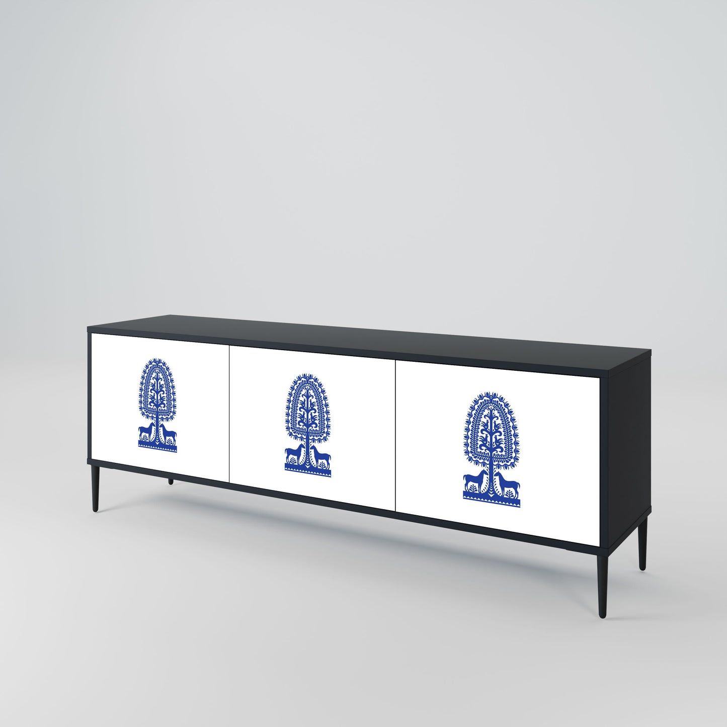 POLISH FOLK ART 3-Door TV Stand in Black Finish