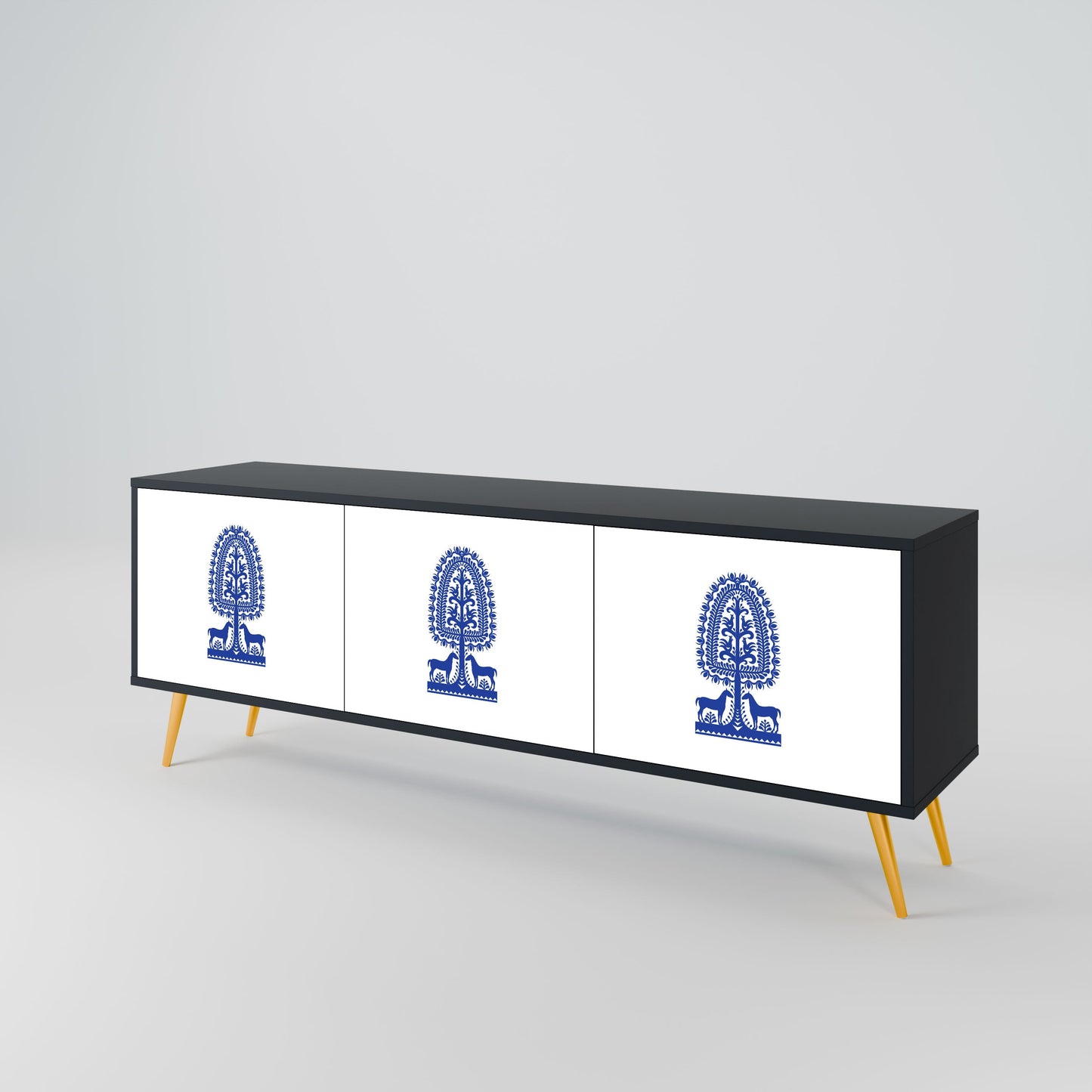 POLISH FOLK ART 3-Door TV Stand in Black Finish