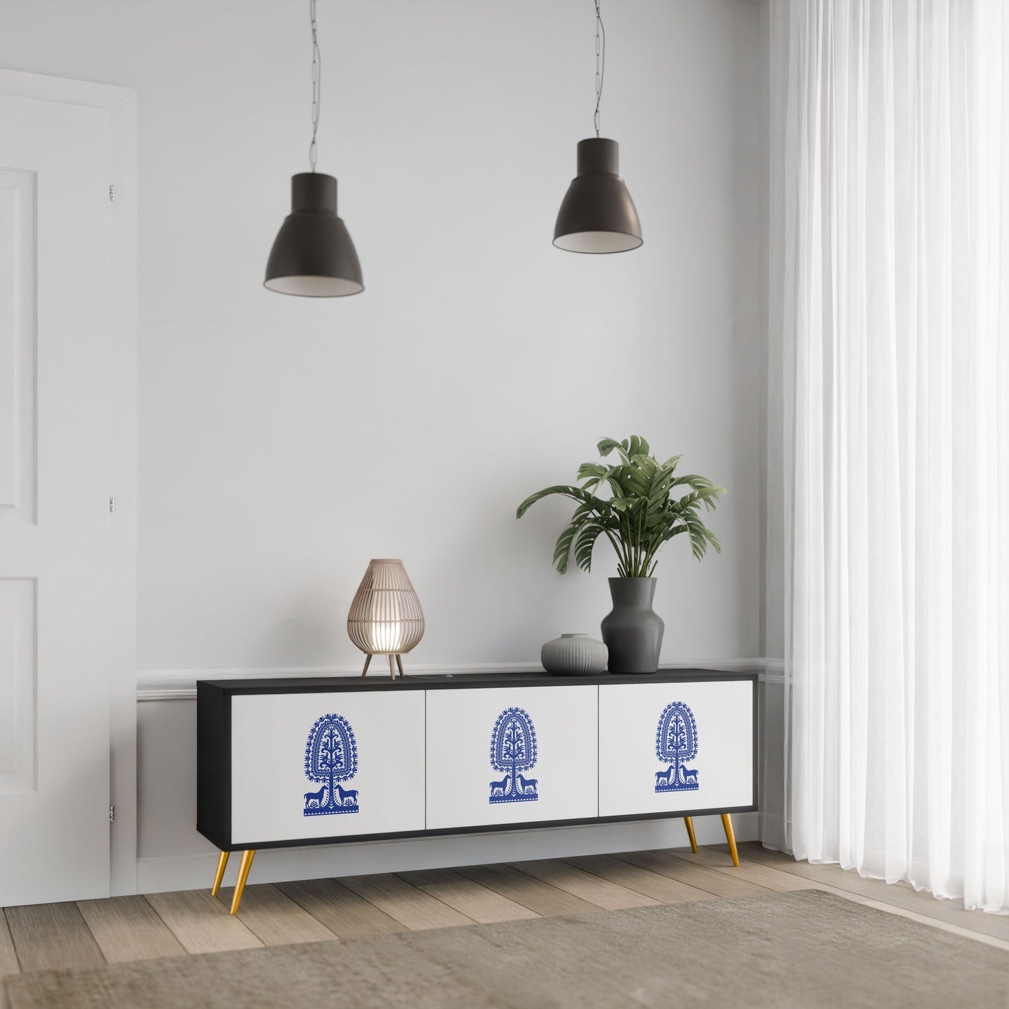 POLISH FOLK ART 3-Door TV Stand in Black Finish