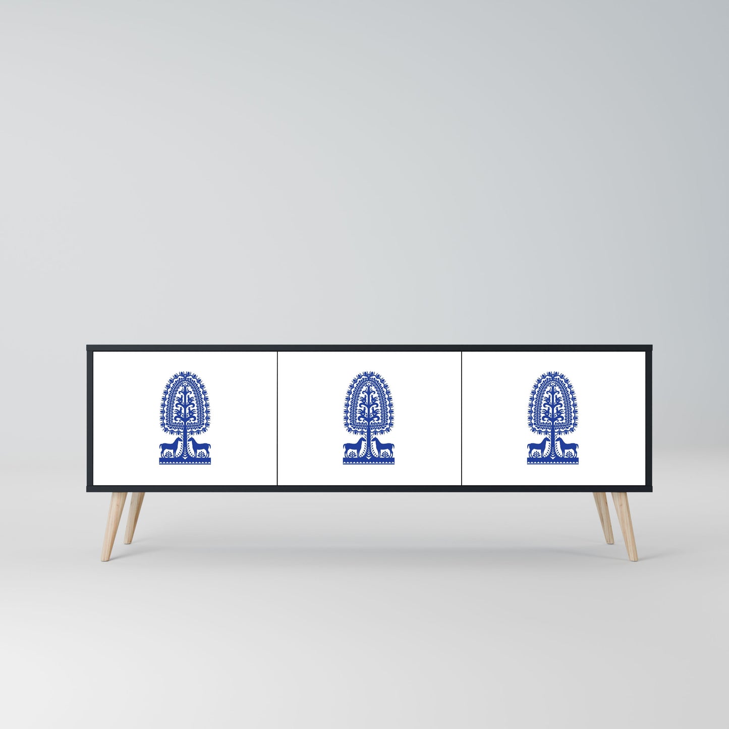 POLISH FOLK ART 3-Door TV Stand in Black Finish