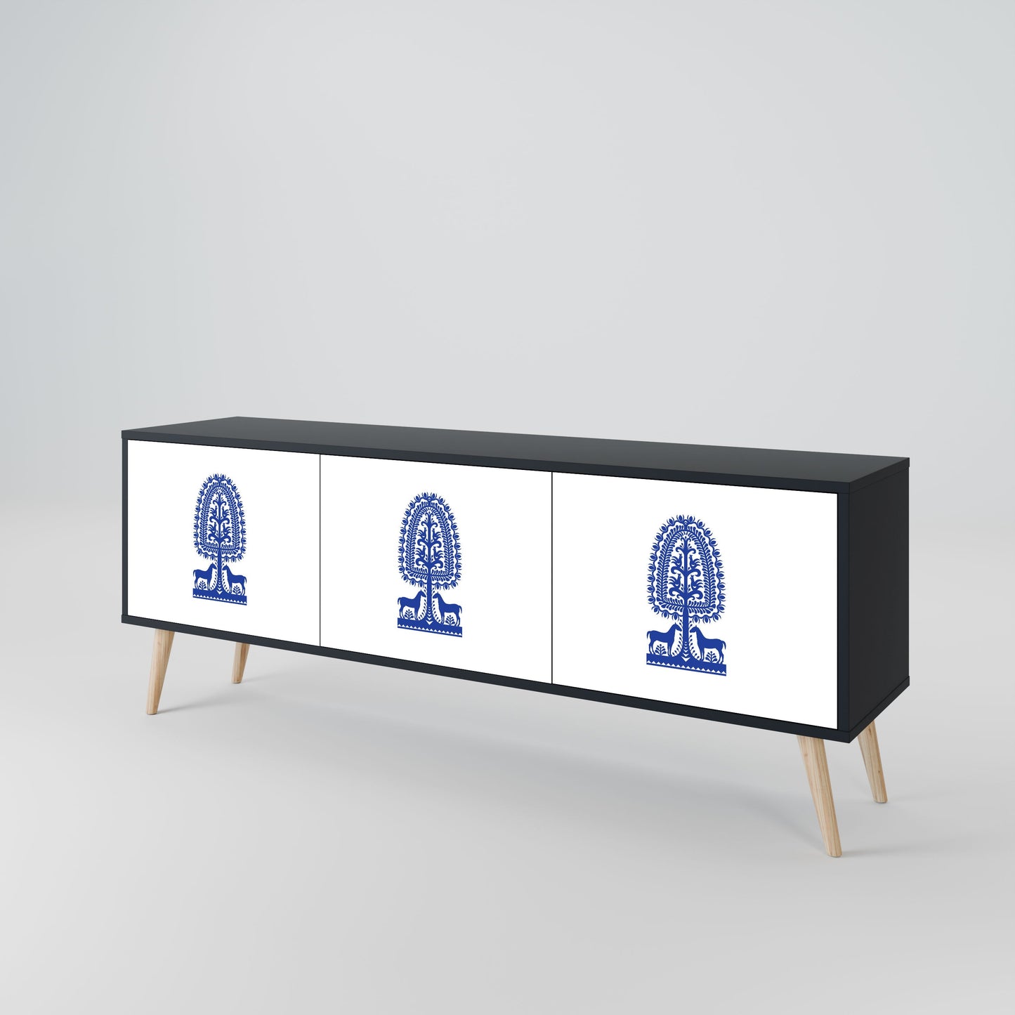 POLISH FOLK ART 3-Door TV Stand in Black Finish