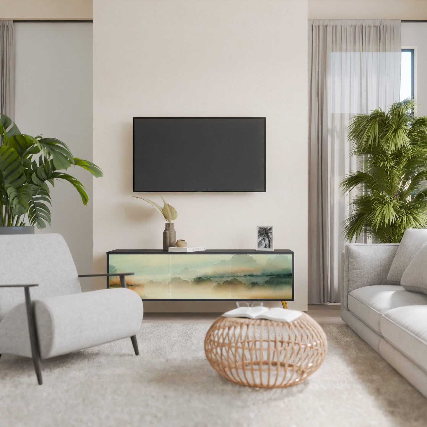 MORNING BY THE LAKE 3-Door TV Stand in Black Finish