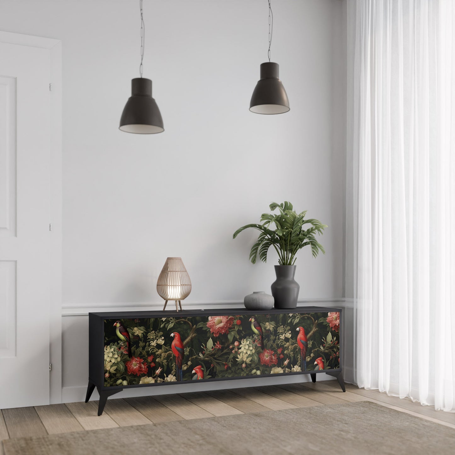 Mobile TV AVIAN GREENERY a 3 ante con finitura nera