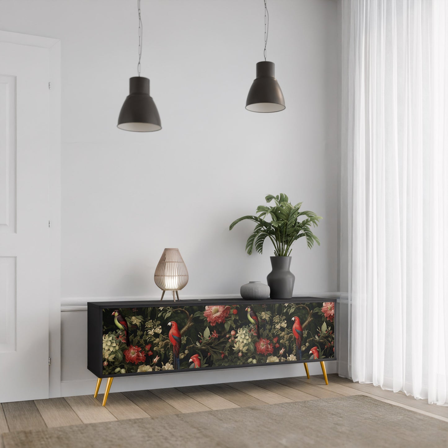 Mobile TV AVIAN GREENERY a 3 ante con finitura nera