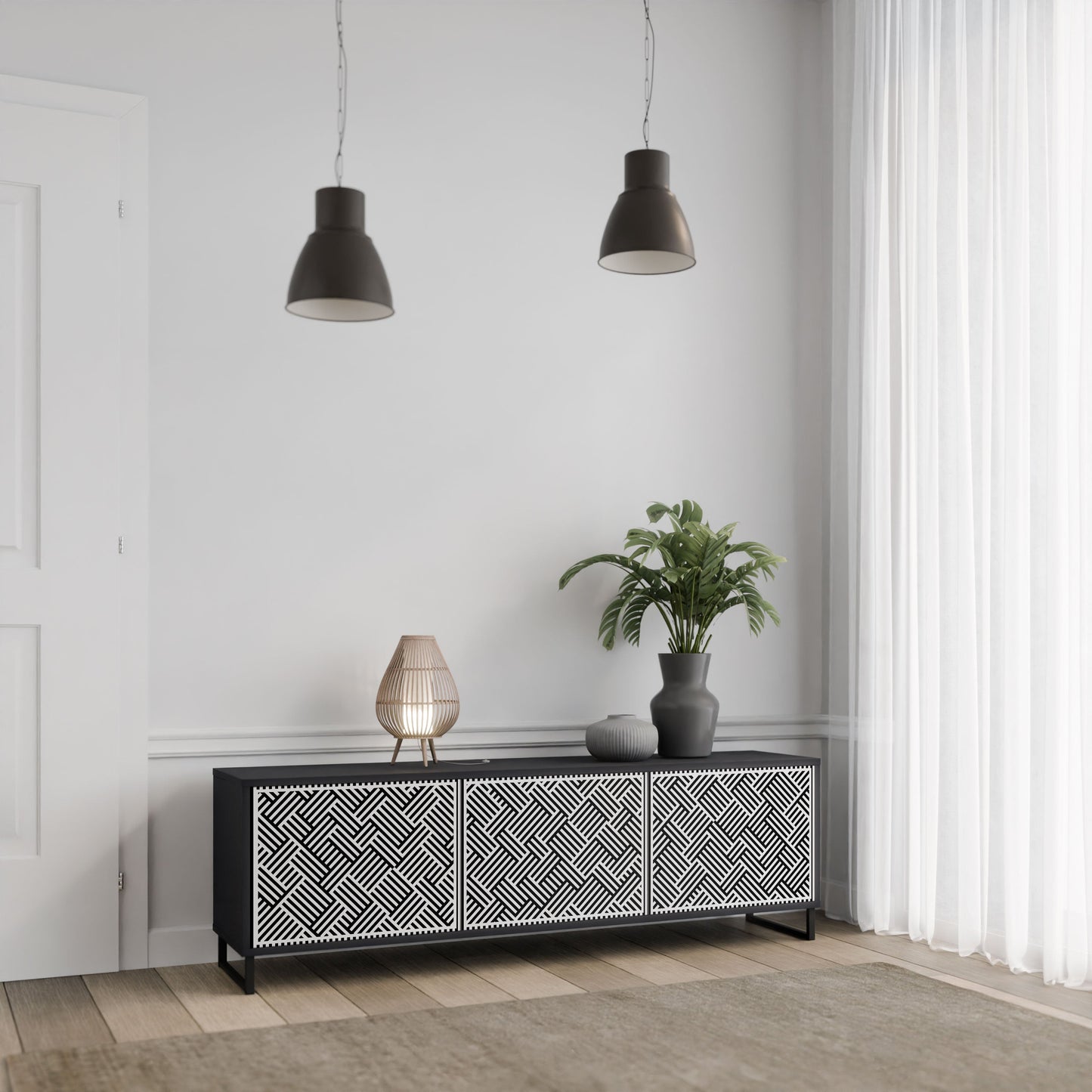 TEMPORARY SEQUENCE 3-Door TV Stand in Black Finish
