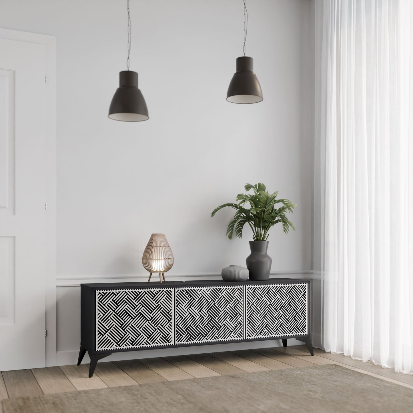 TEMPORARY SEQUENCE 3-Door TV Stand in Black Finish