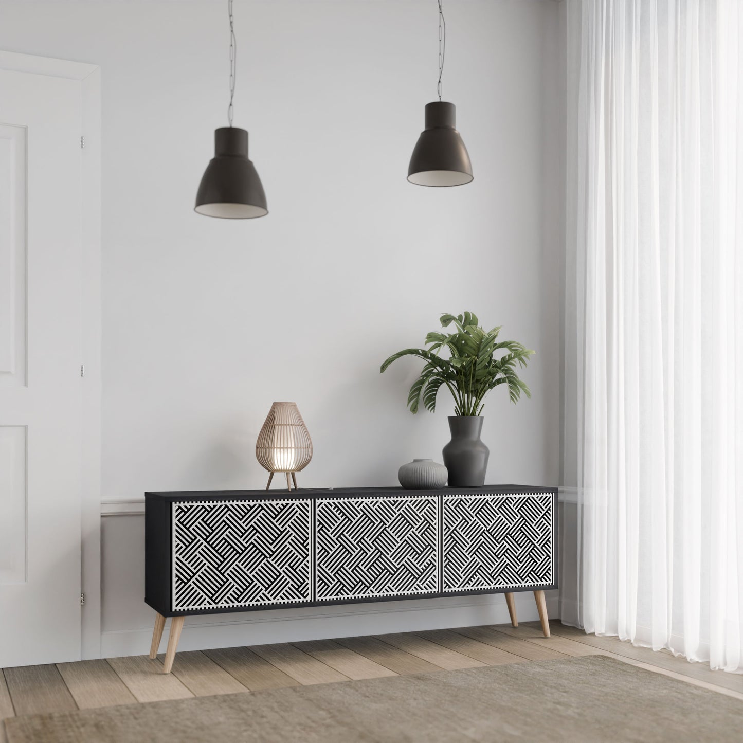 TEMPORARY SEQUENCE 3-Door TV Stand in Black Finish
