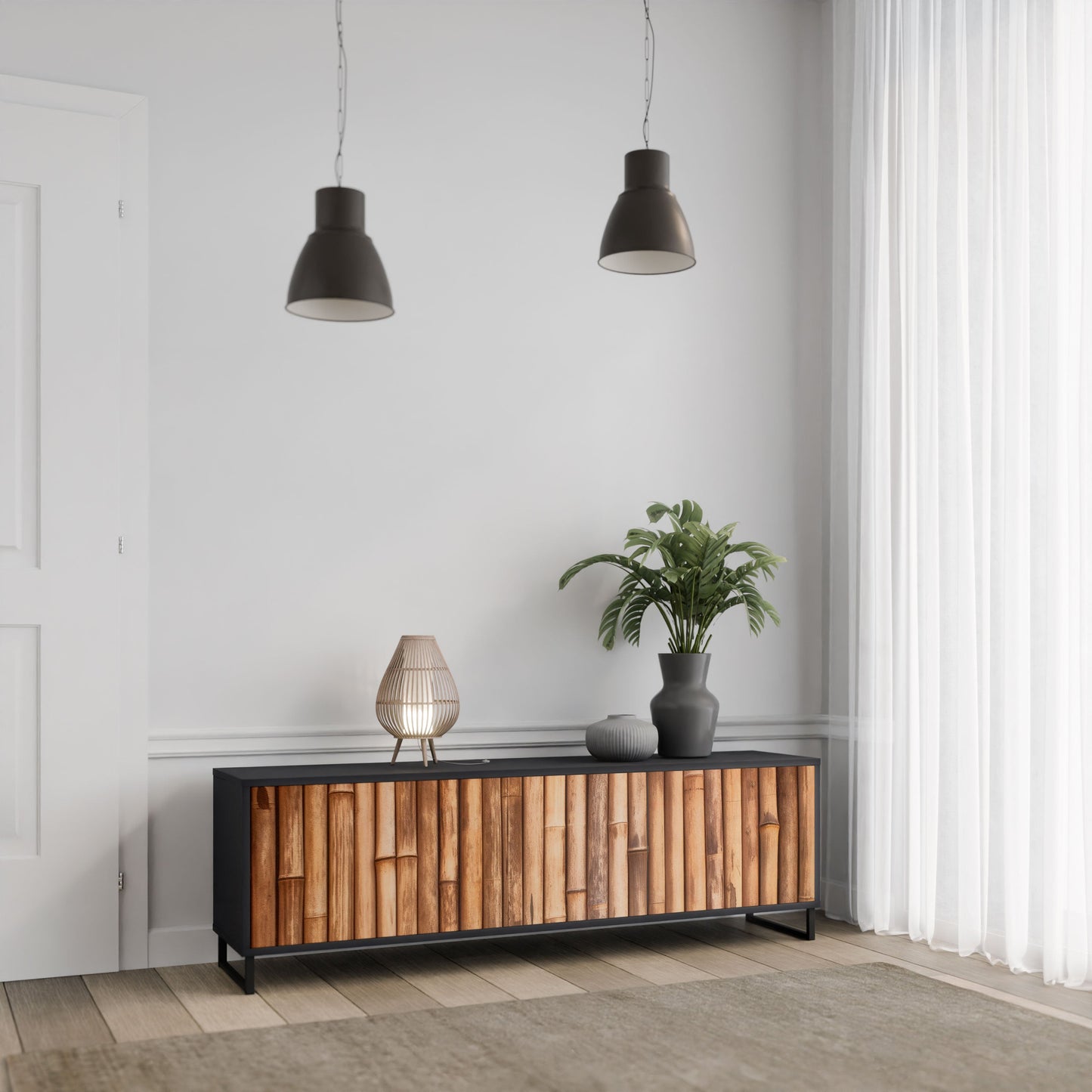 NATURAL WOOD 3-Door TV Stand in Black Finish