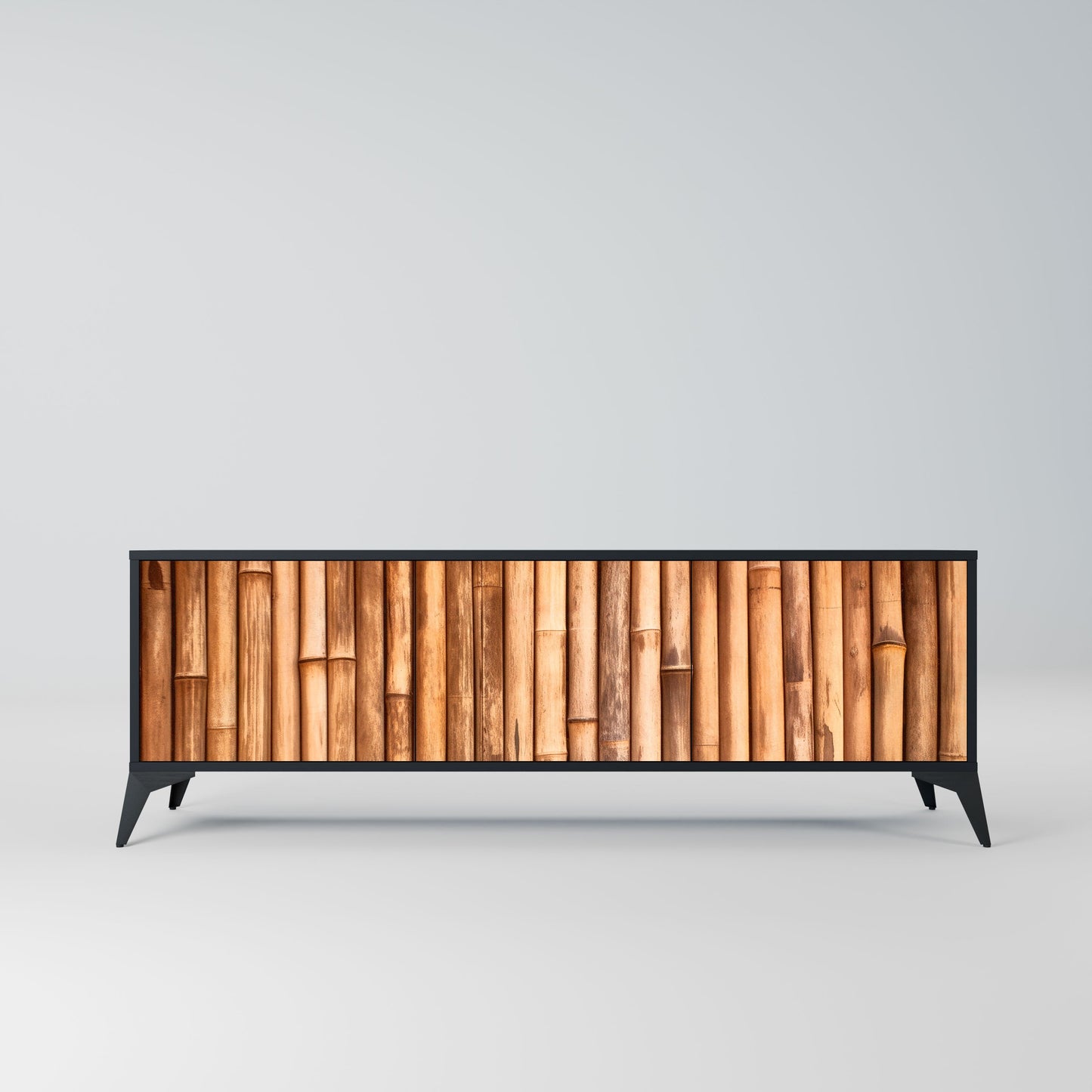 NATURAL WOOD 3-Door TV Stand in Black Finish