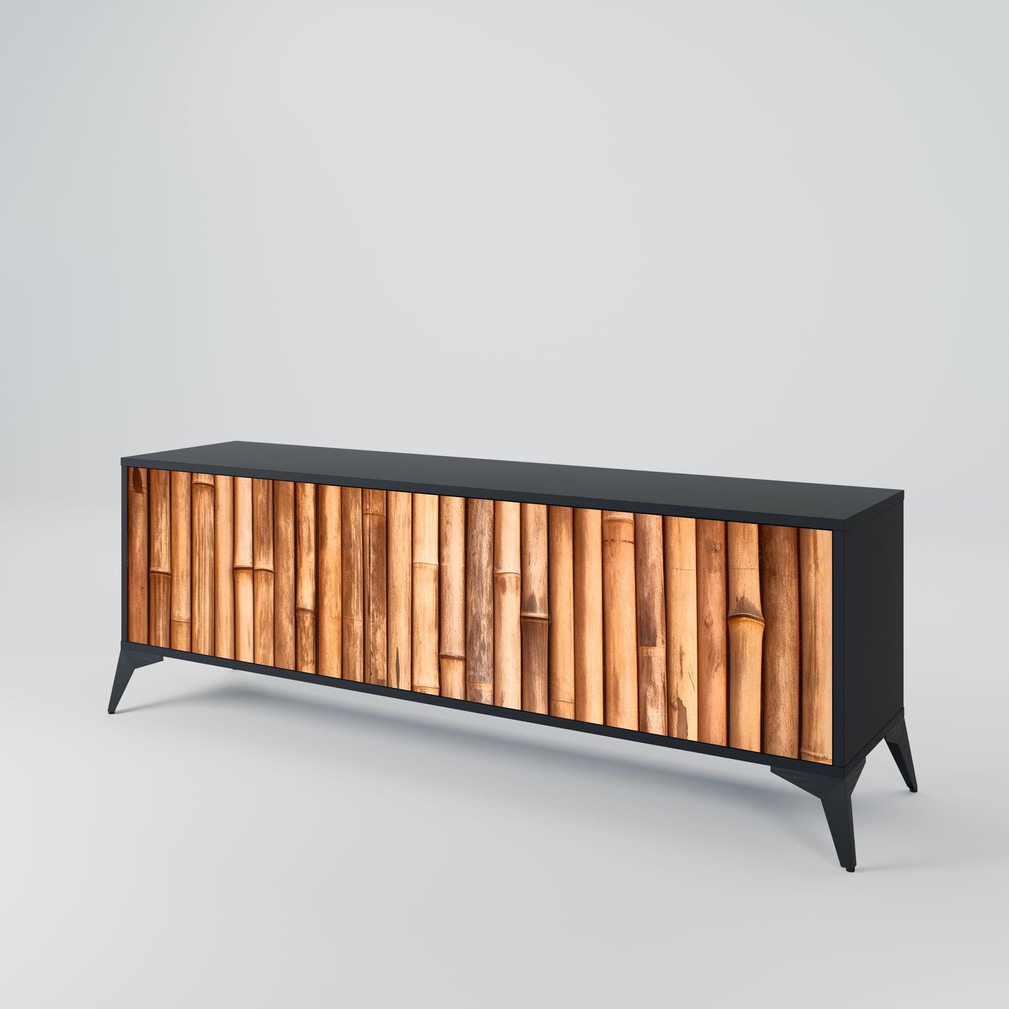 NATURAL WOOD 3-Door TV Stand in Black Finish