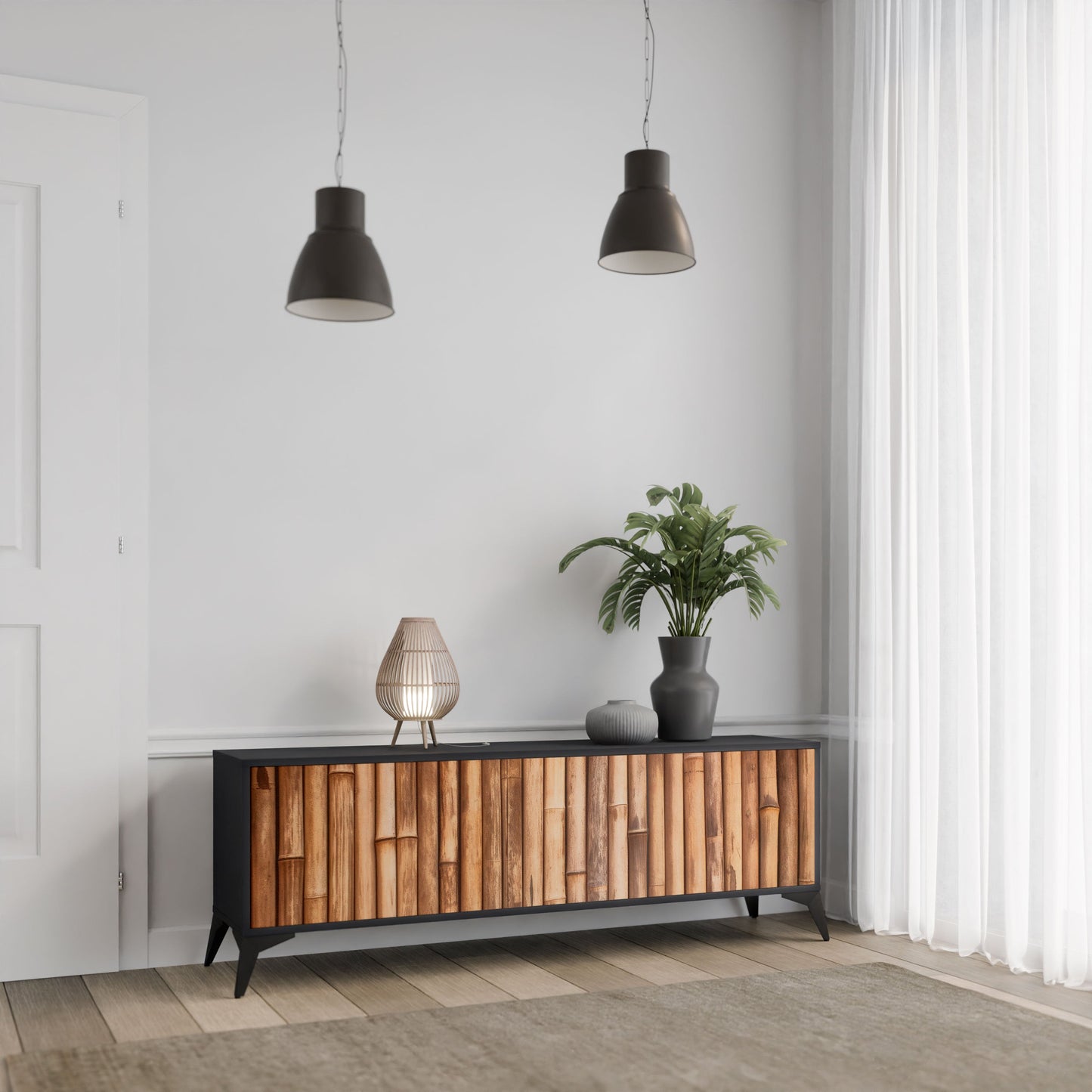 NATURAL WOOD 3-Door TV Stand in Black Finish