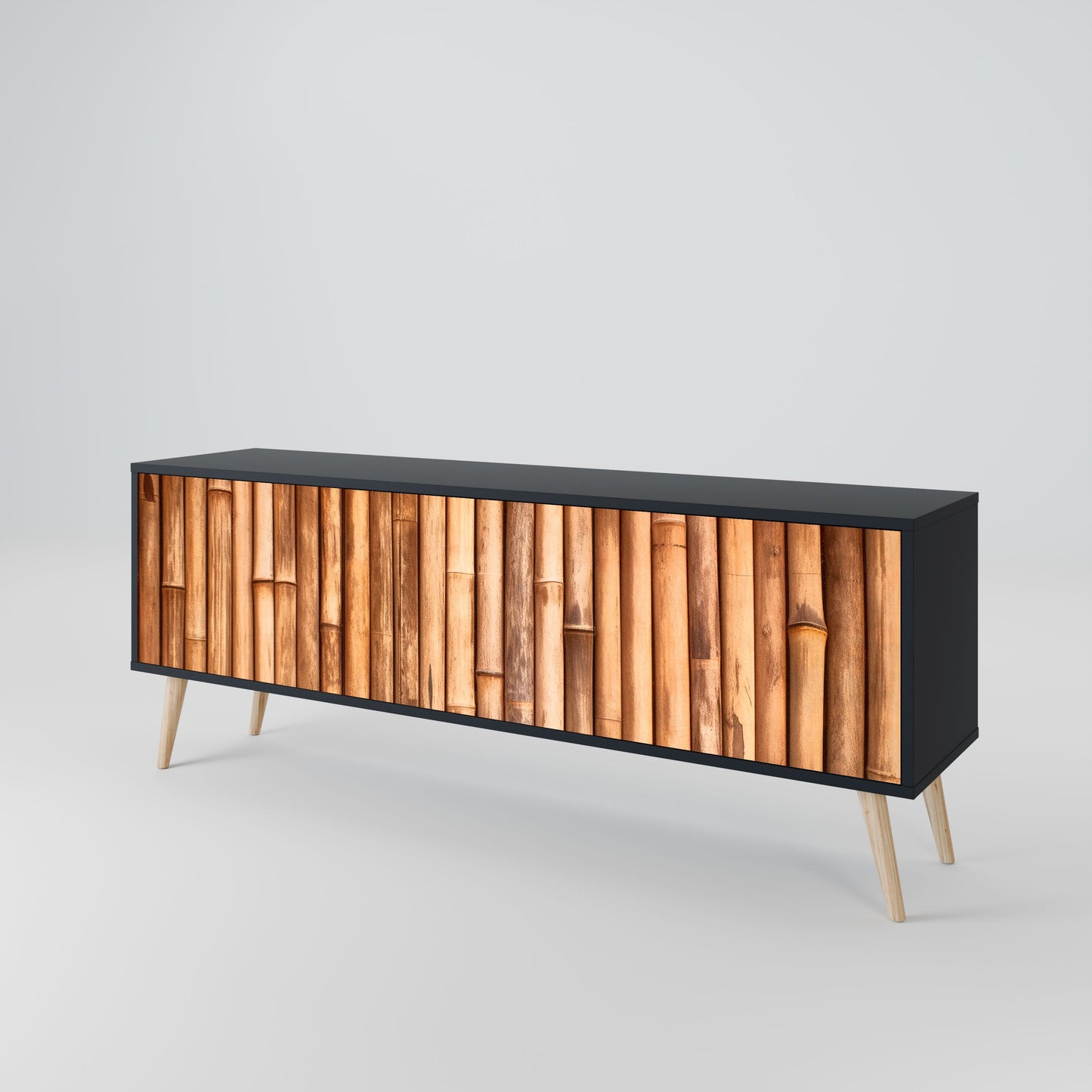 NATURAL WOOD 3-Door TV Stand in Black Finish