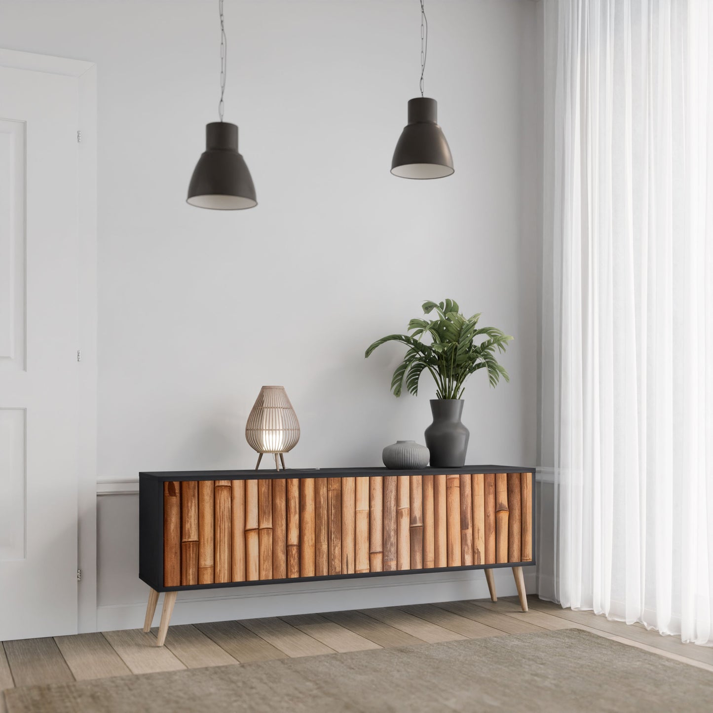 NATURAL WOOD 3-Door TV Stand in Black Finish