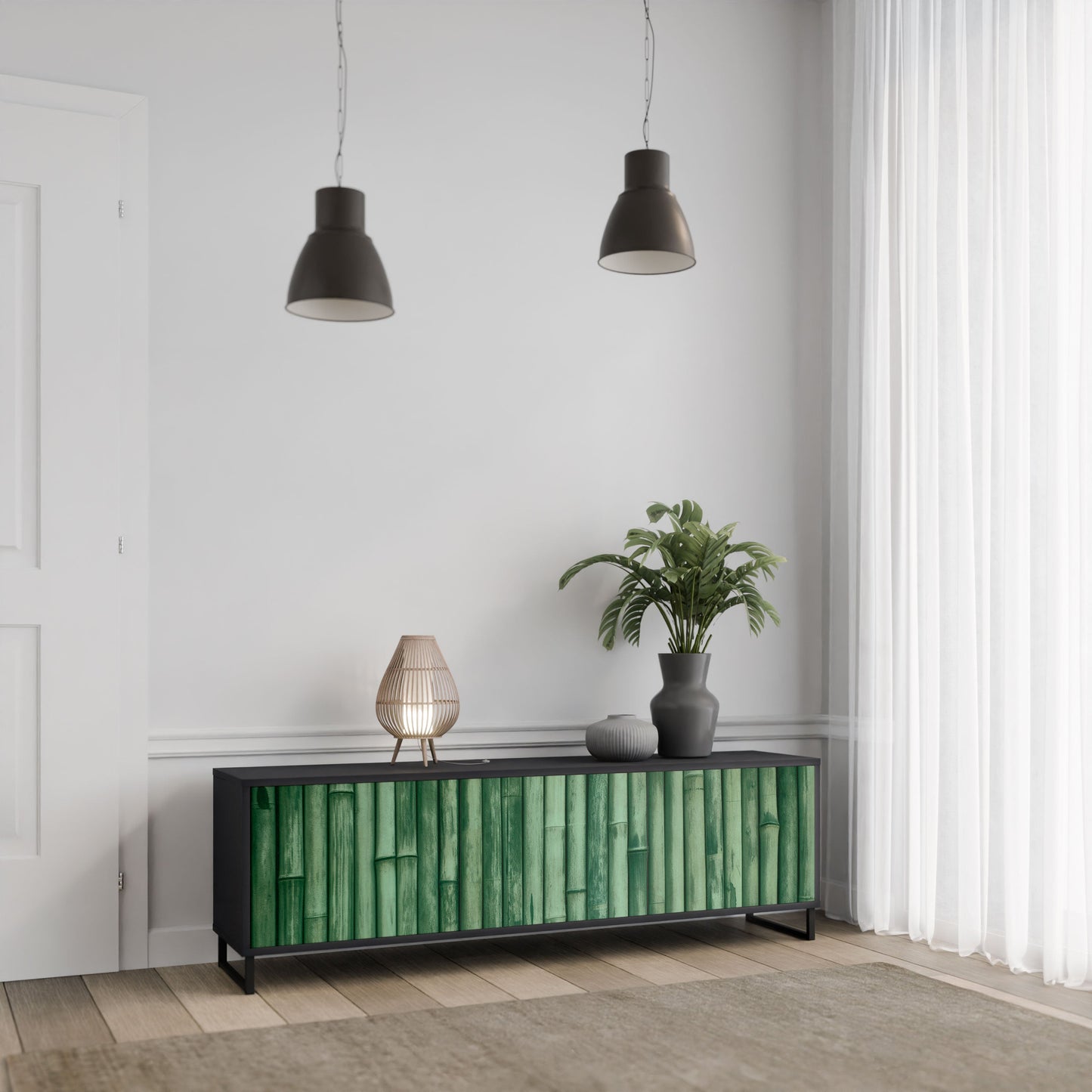 NATURAL GREEN 3-Door TV Stand in Black Finish