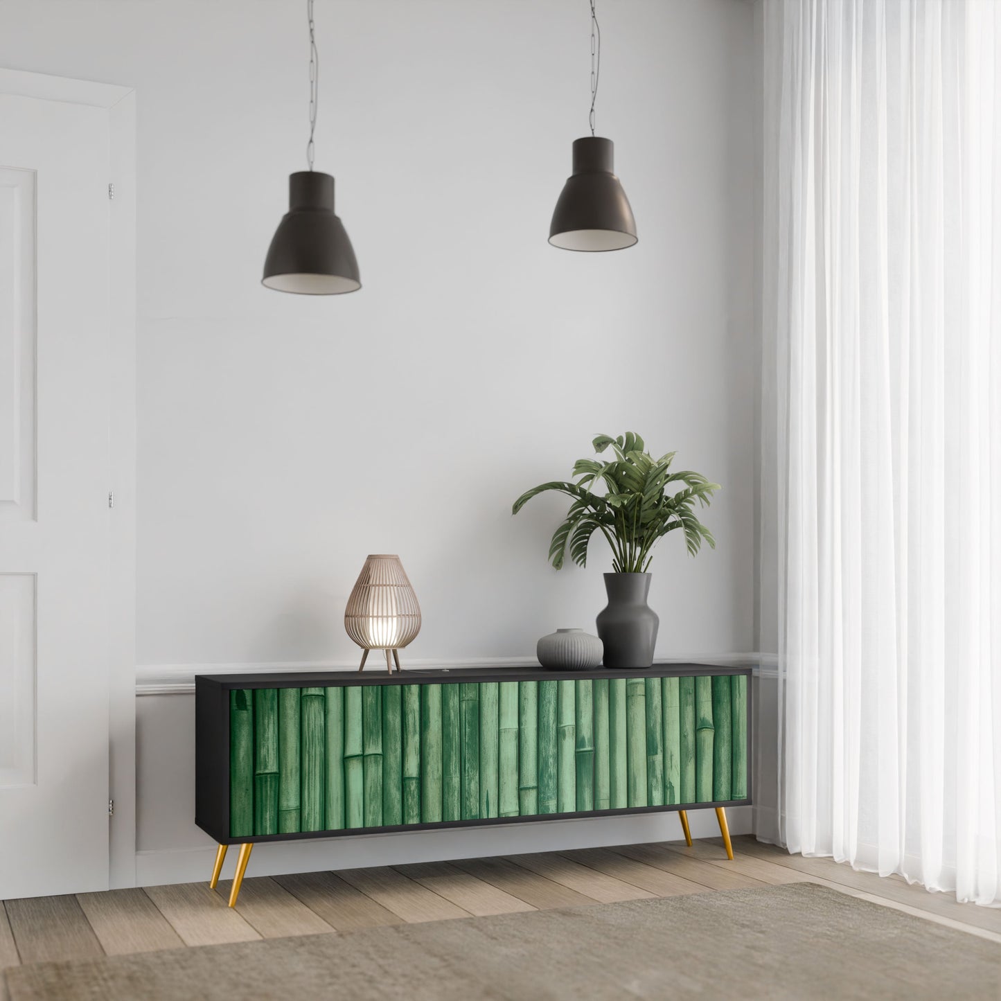 NATURAL GREEN 3-Door TV Stand in Black Finish
