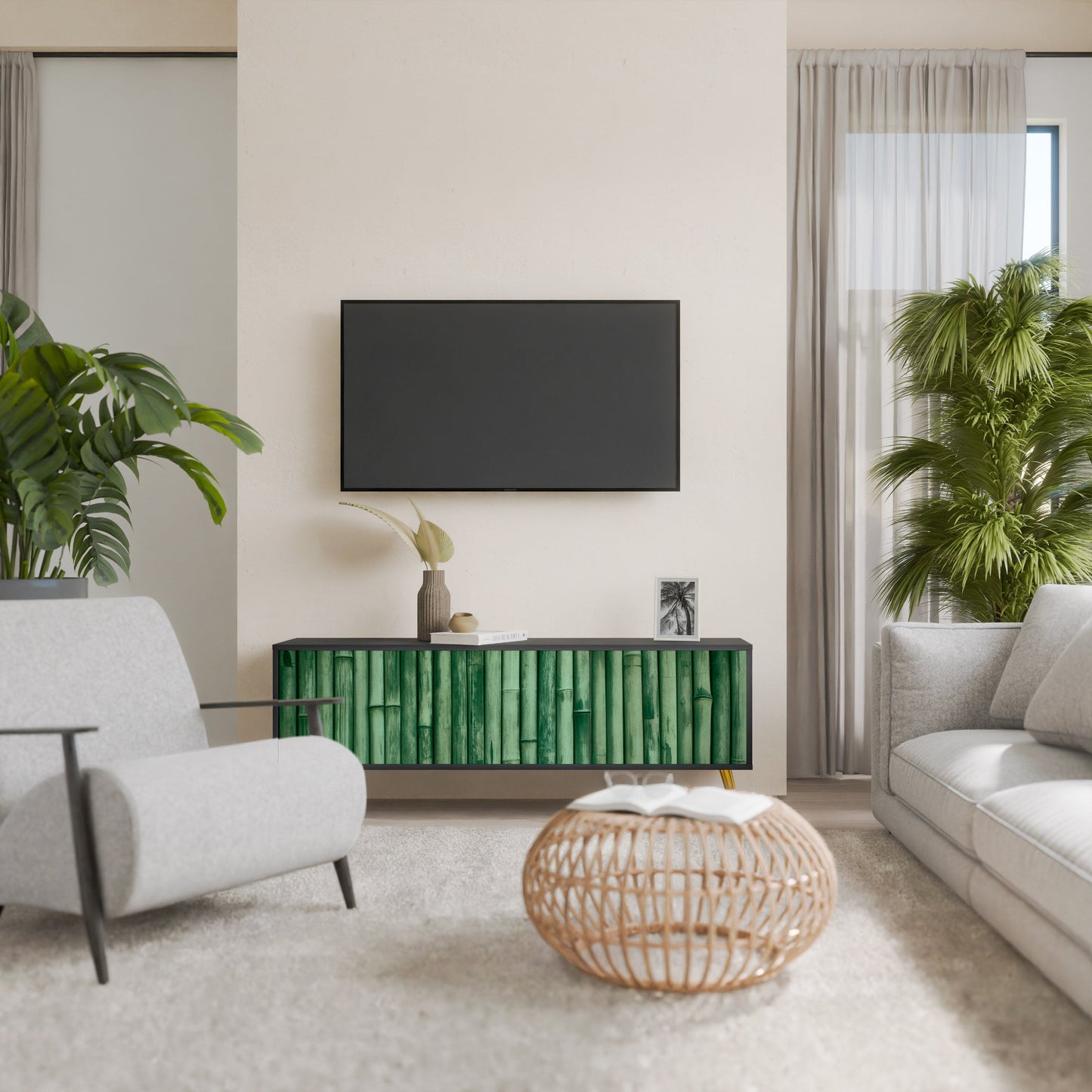 NATURAL GREEN 3-Door TV Stand in Black Finish