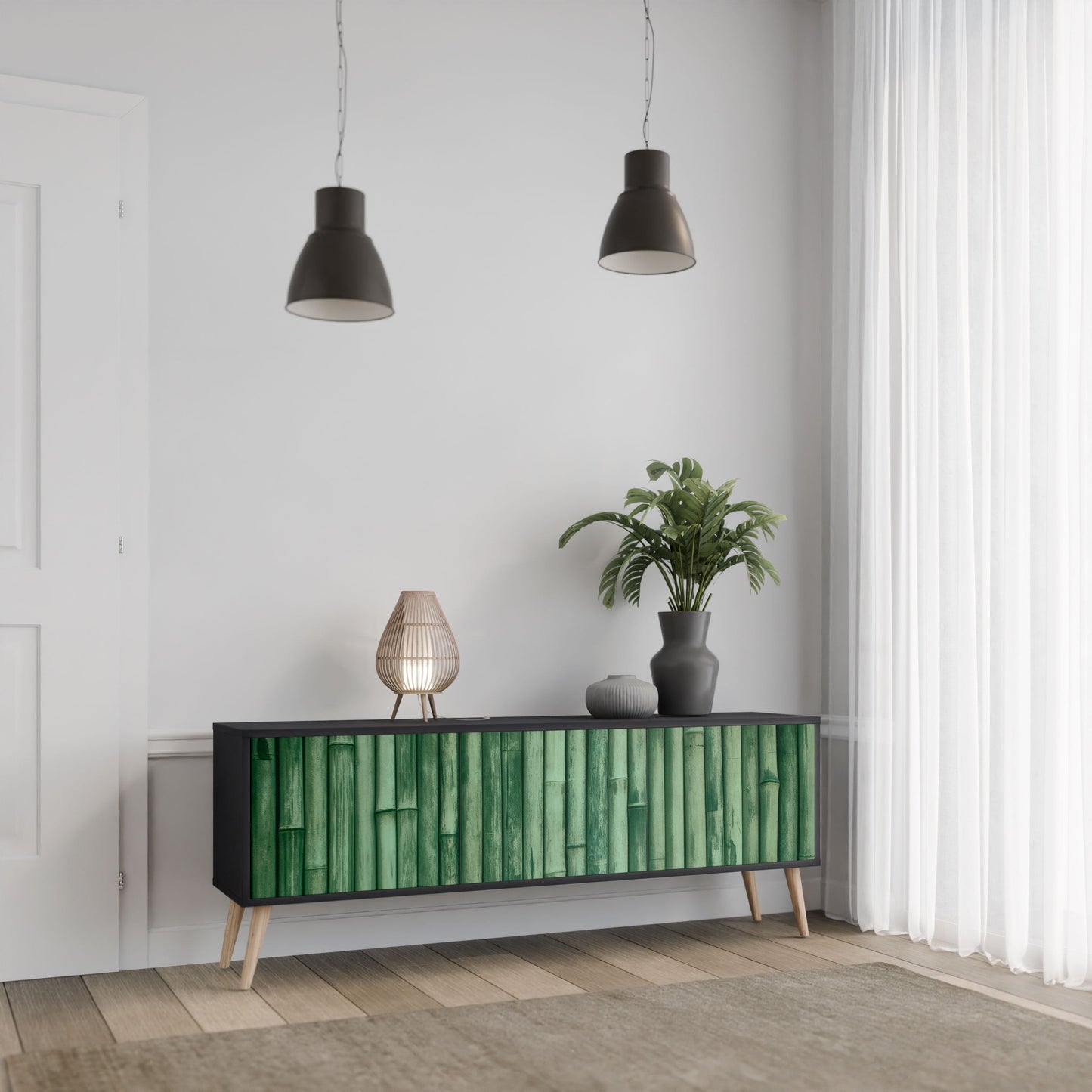 NATURAL GREEN 3-Door TV Stand in Black Finish