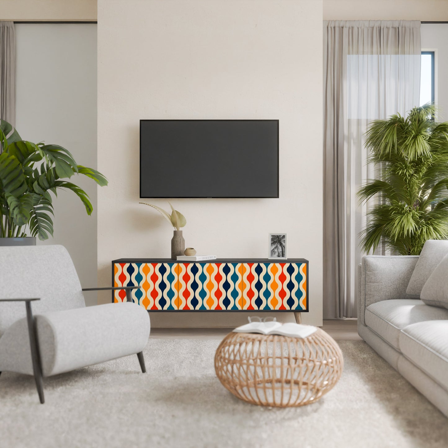 COLORFUL NOSTALGIA 3-Door TV Stand in Black Finish