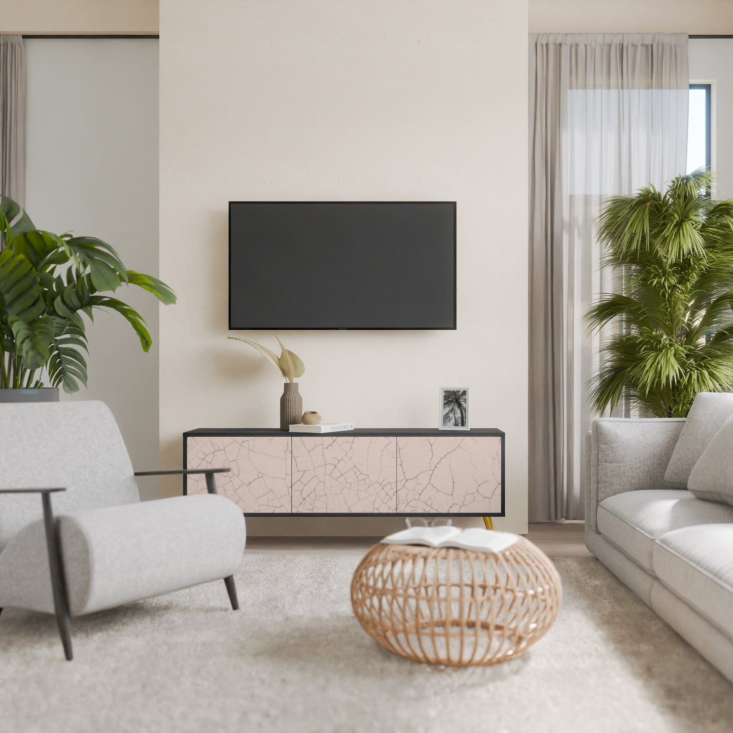 Mobile TV a 3 ante con struttura in ceramica e finitura nera