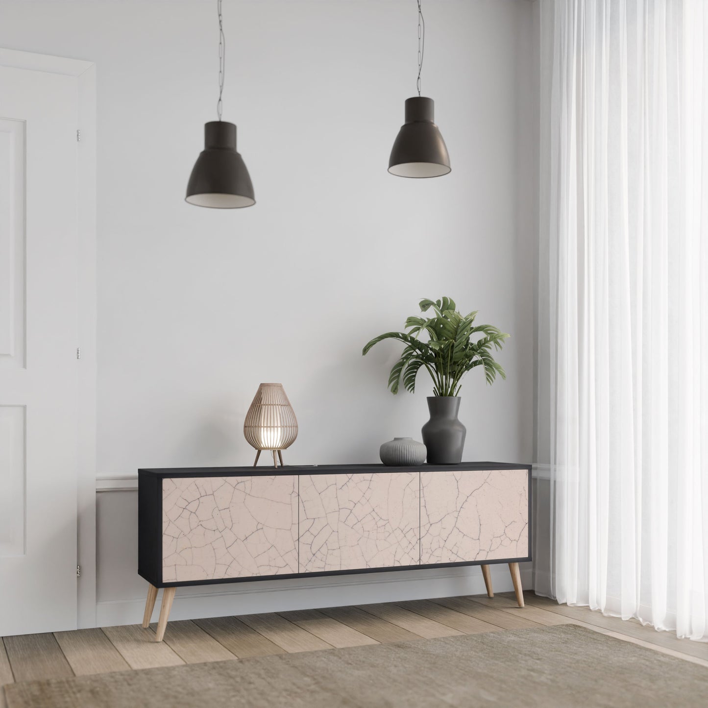 Mobile TV a 3 ante con struttura in ceramica e finitura nera