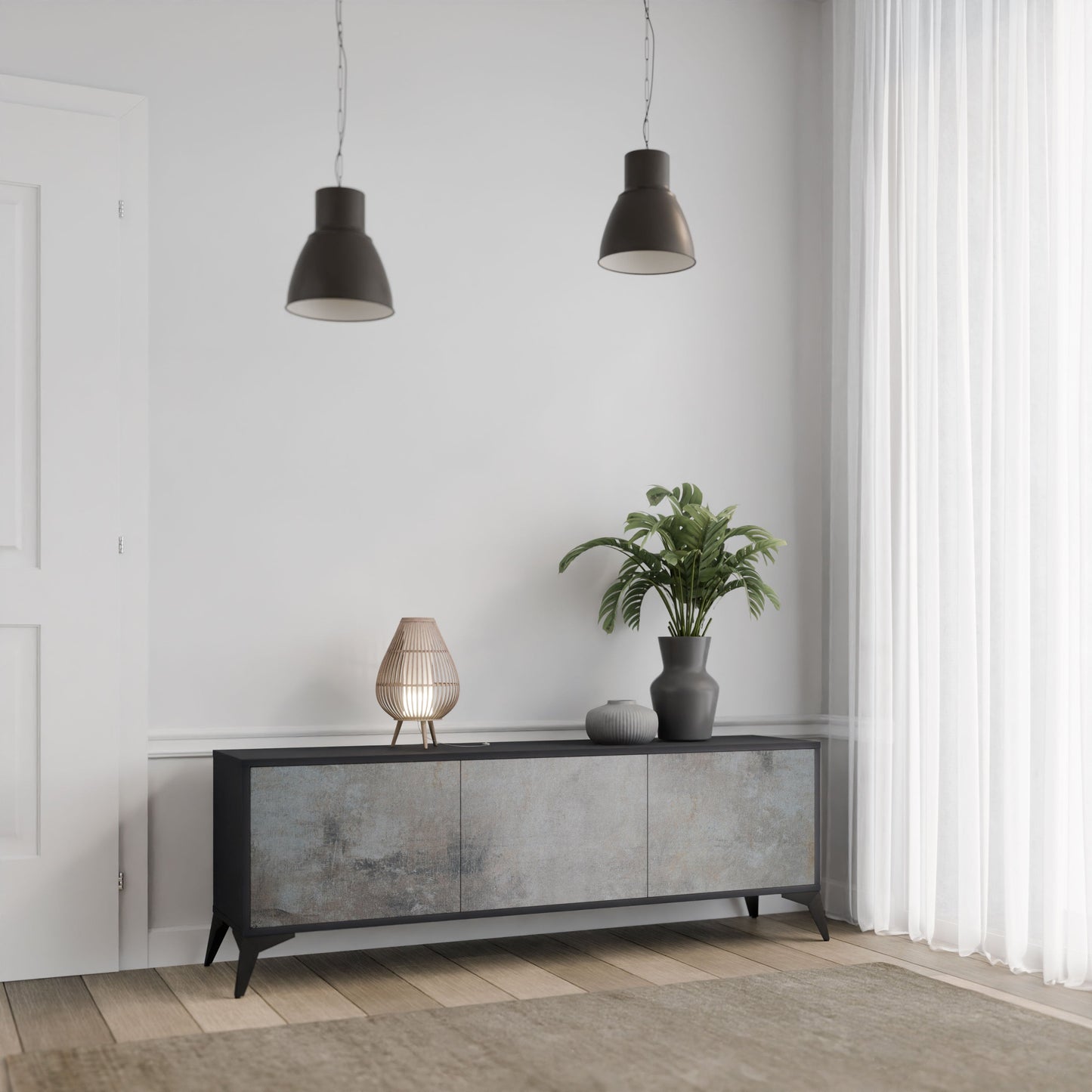 Mobile TV CONCRETE WALL a 3 ante in finitura nera