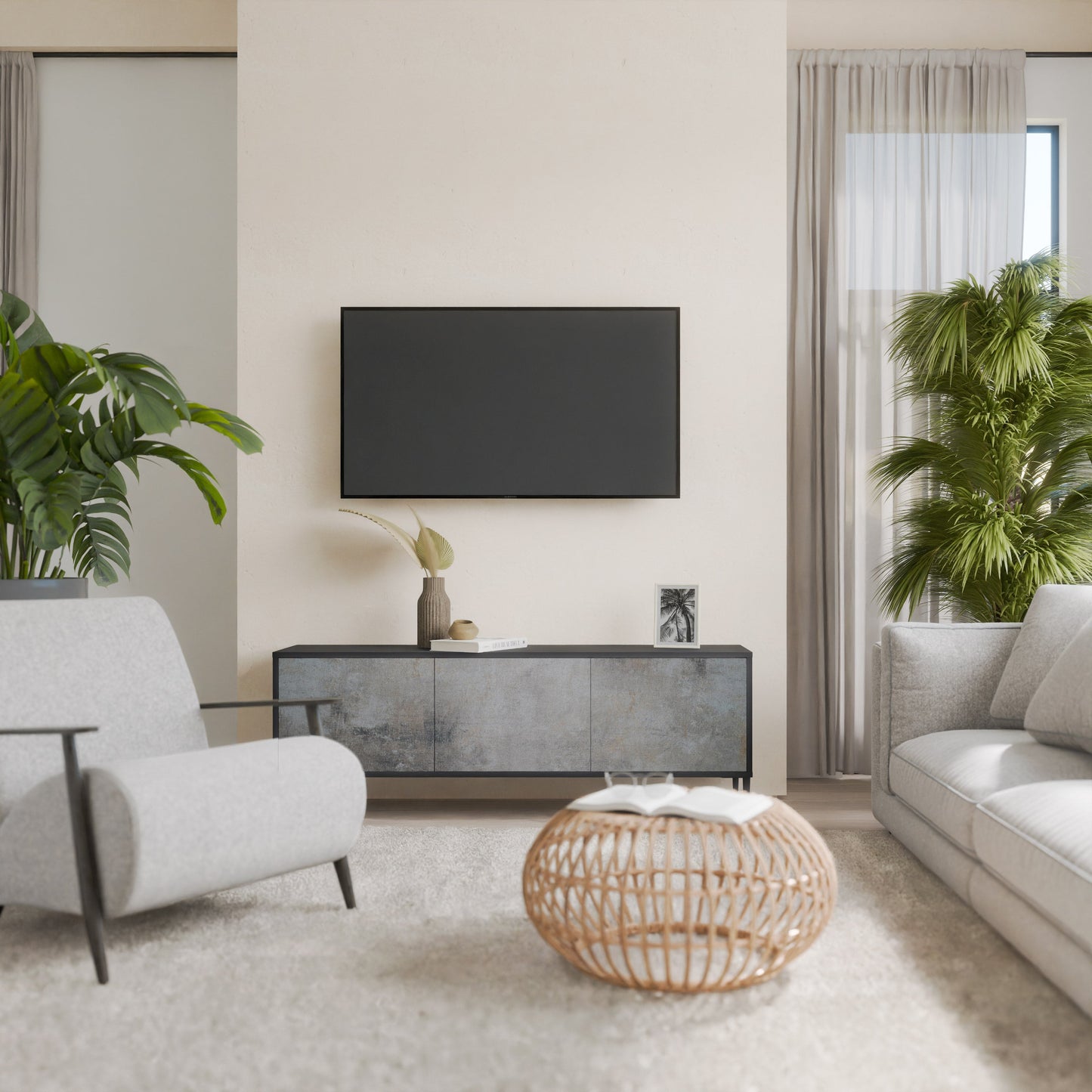 Mobile TV CONCRETE WALL a 3 ante in finitura nera