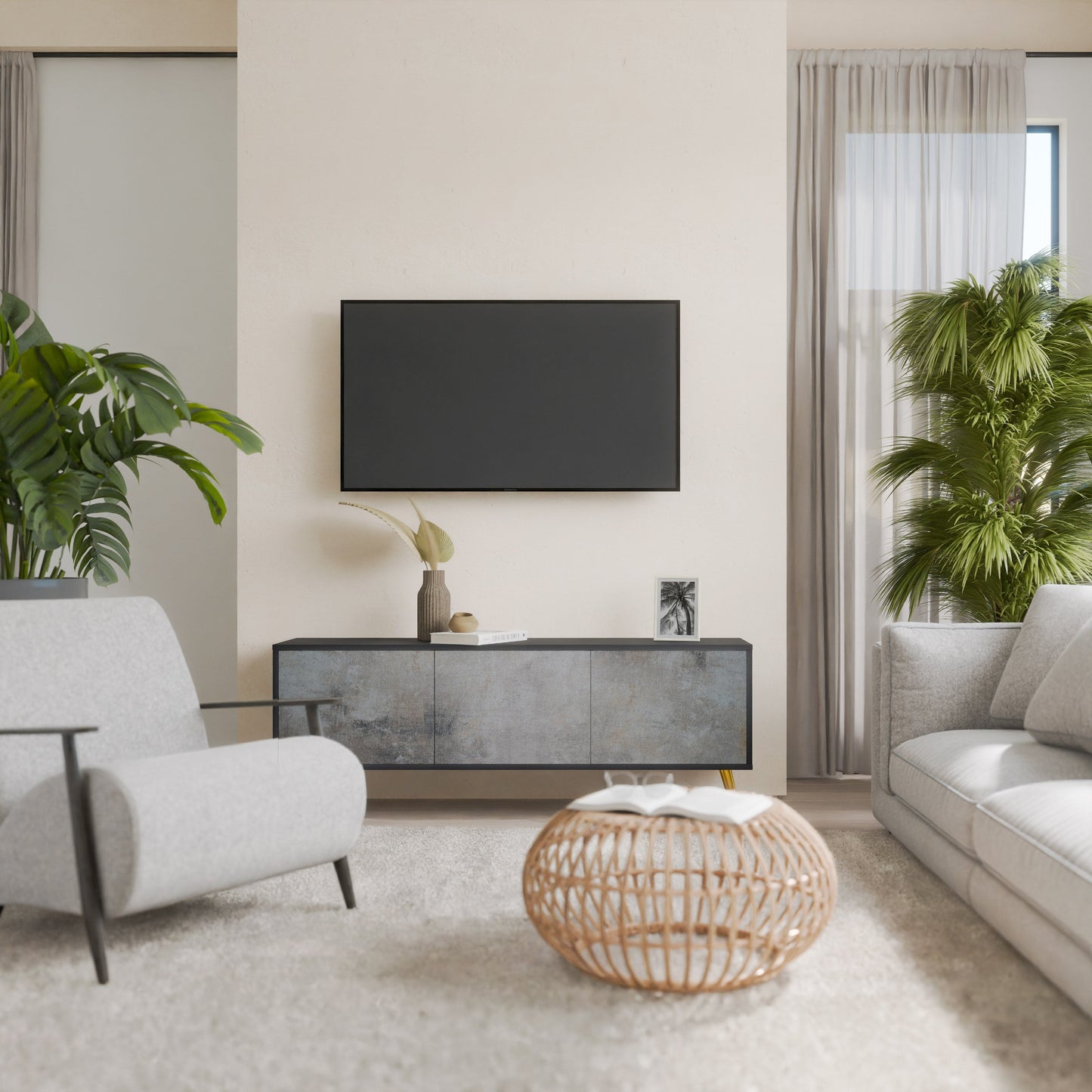 Mobile TV CONCRETE WALL a 3 ante in finitura nera