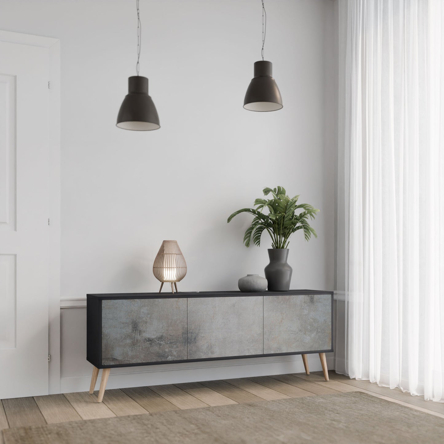 Mobile TV CONCRETE WALL a 3 ante in finitura nera