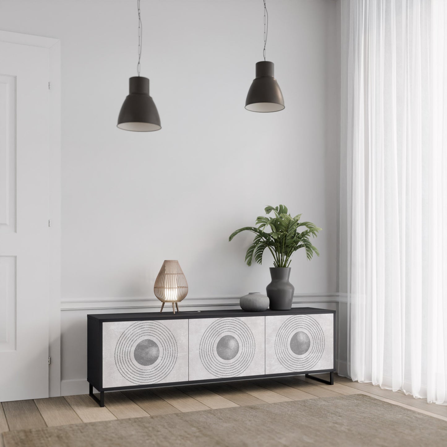 Mobile TV SOLID CIRCLES a 3 ante con finitura nera