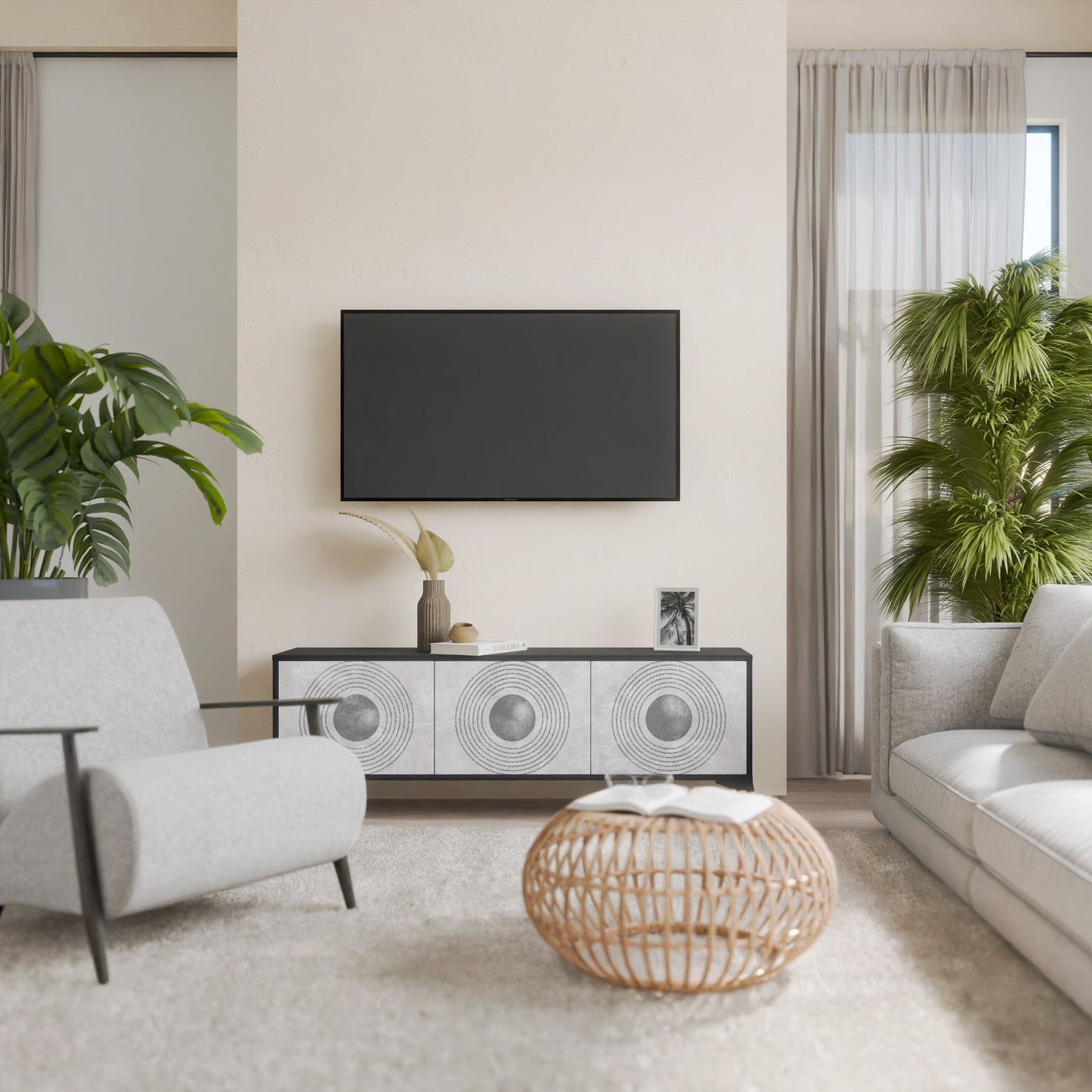 Mobile TV SOLID CIRCLES a 3 ante con finitura nera