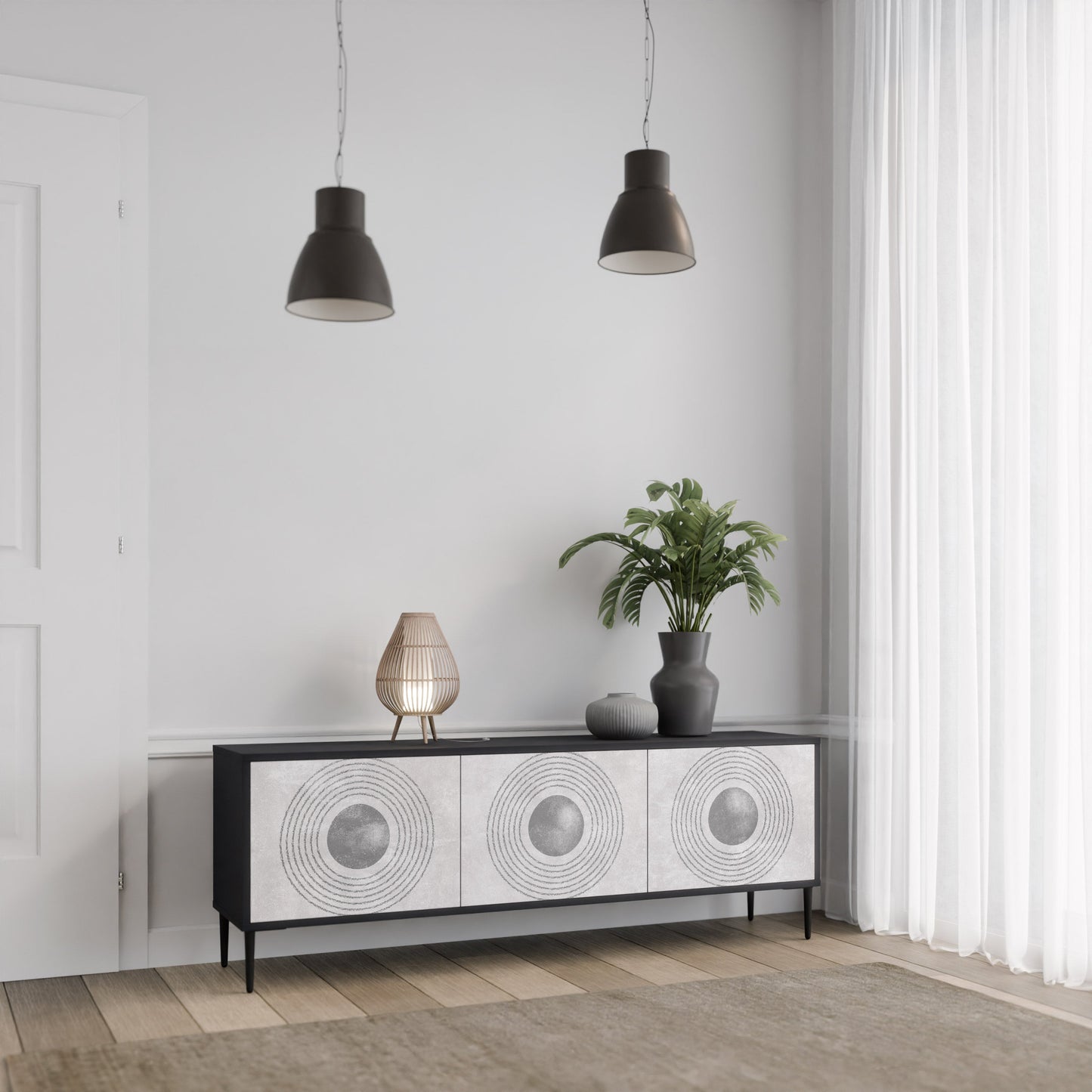 Mobile TV SOLID CIRCLES a 3 ante con finitura nera